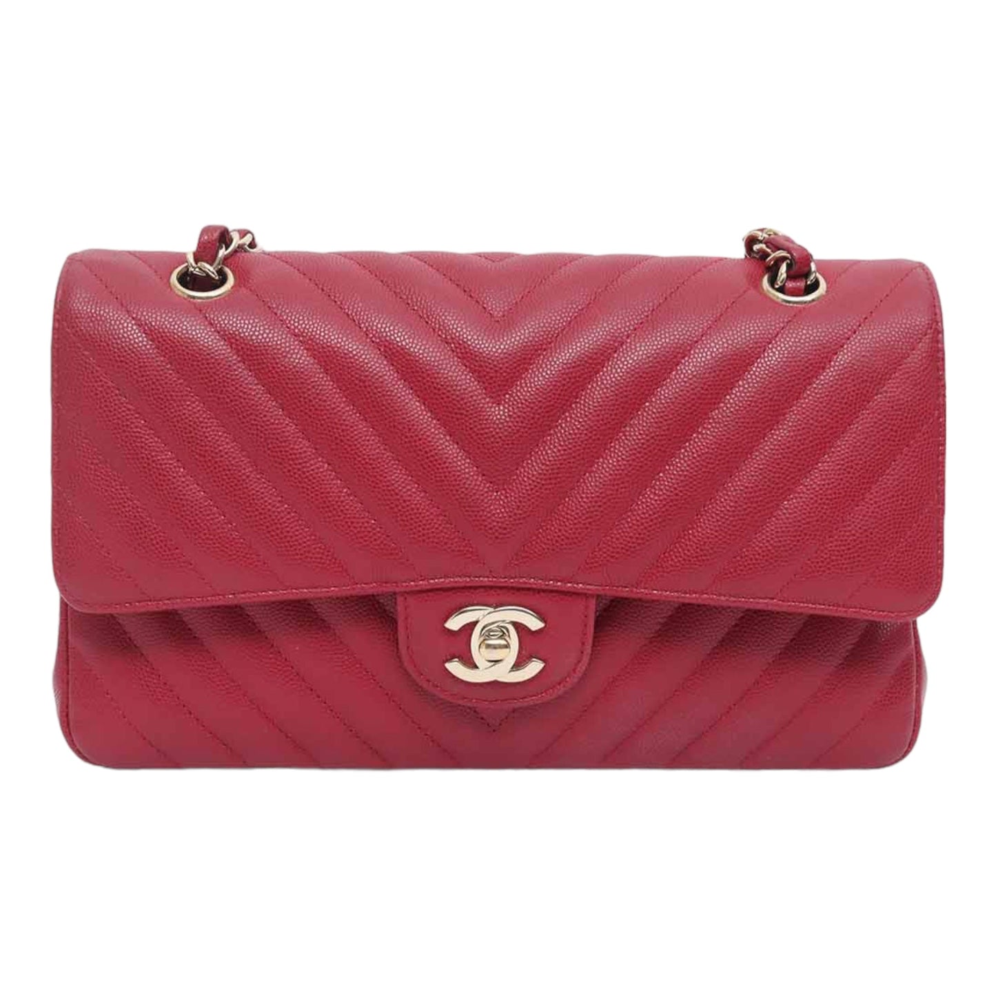 Chanel Medium Chevron Rosy Red Caviar Gold Hardware 18B