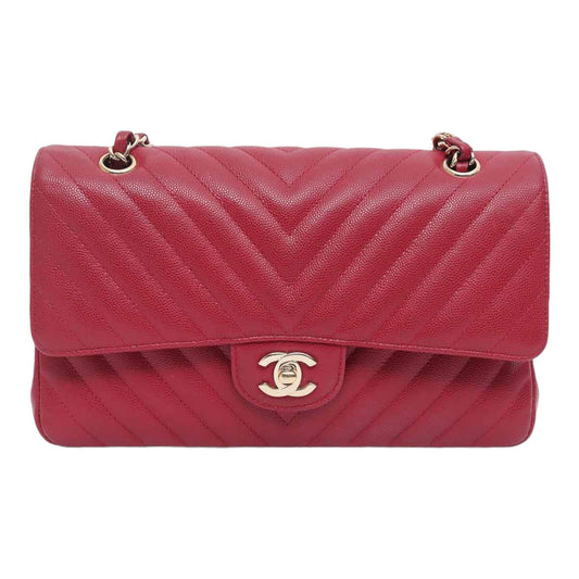 Chanel Medium Chevron Rosy Red Caviar Gold Hardware 18B