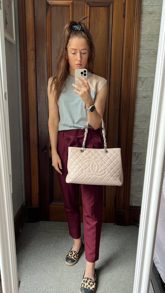 Chanel Light Pink Caviar Grand Shopper Tote with silver hardware