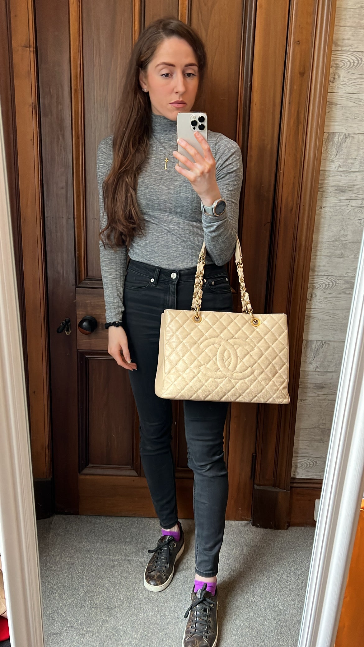 Chanel Beige Caviar Grand Shopper Tote with gold hardware