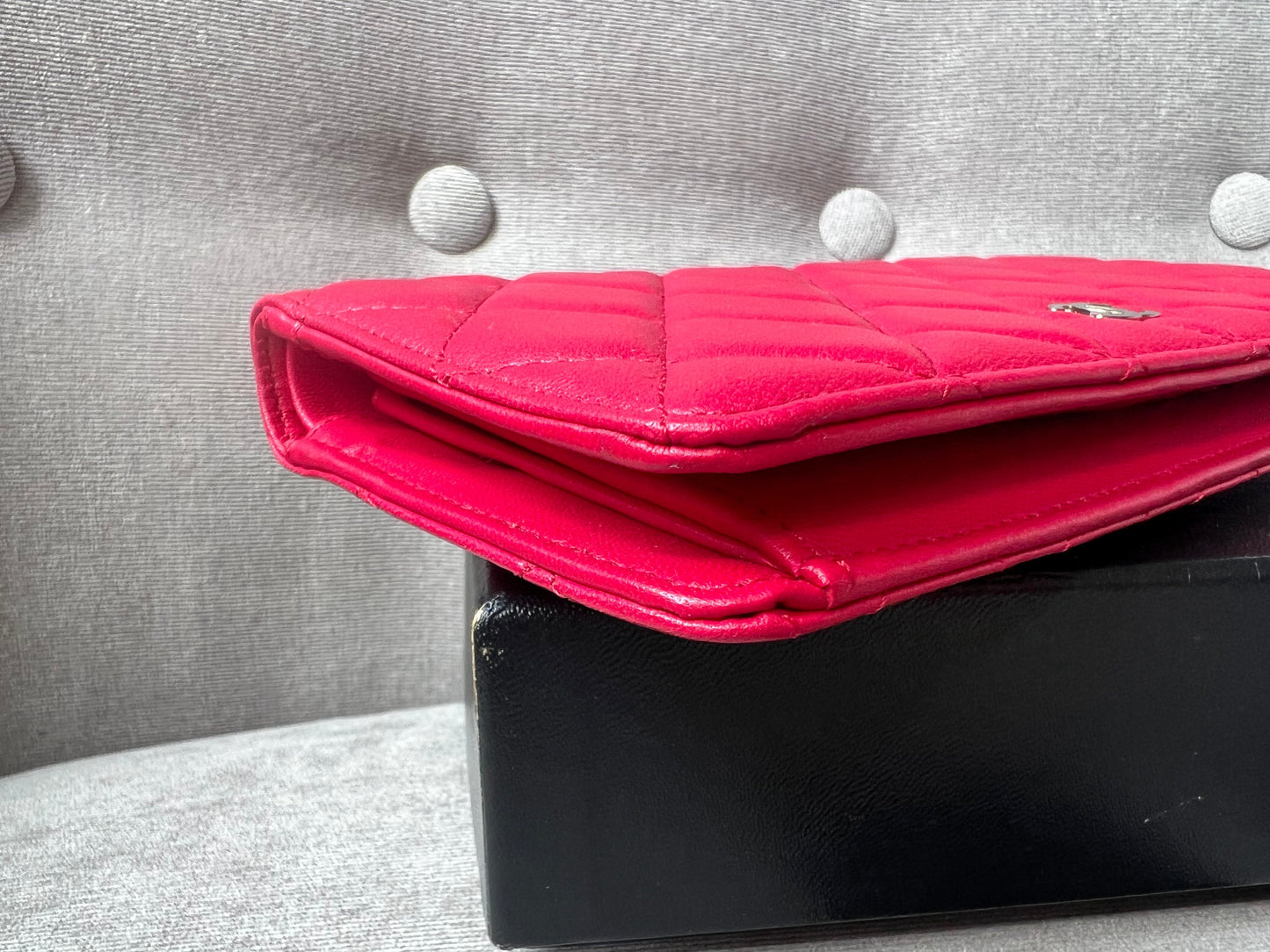 Chanel Classic Quilted Yen Bifold Wallet in Raspberry Red Lambskin and Silver Hardware