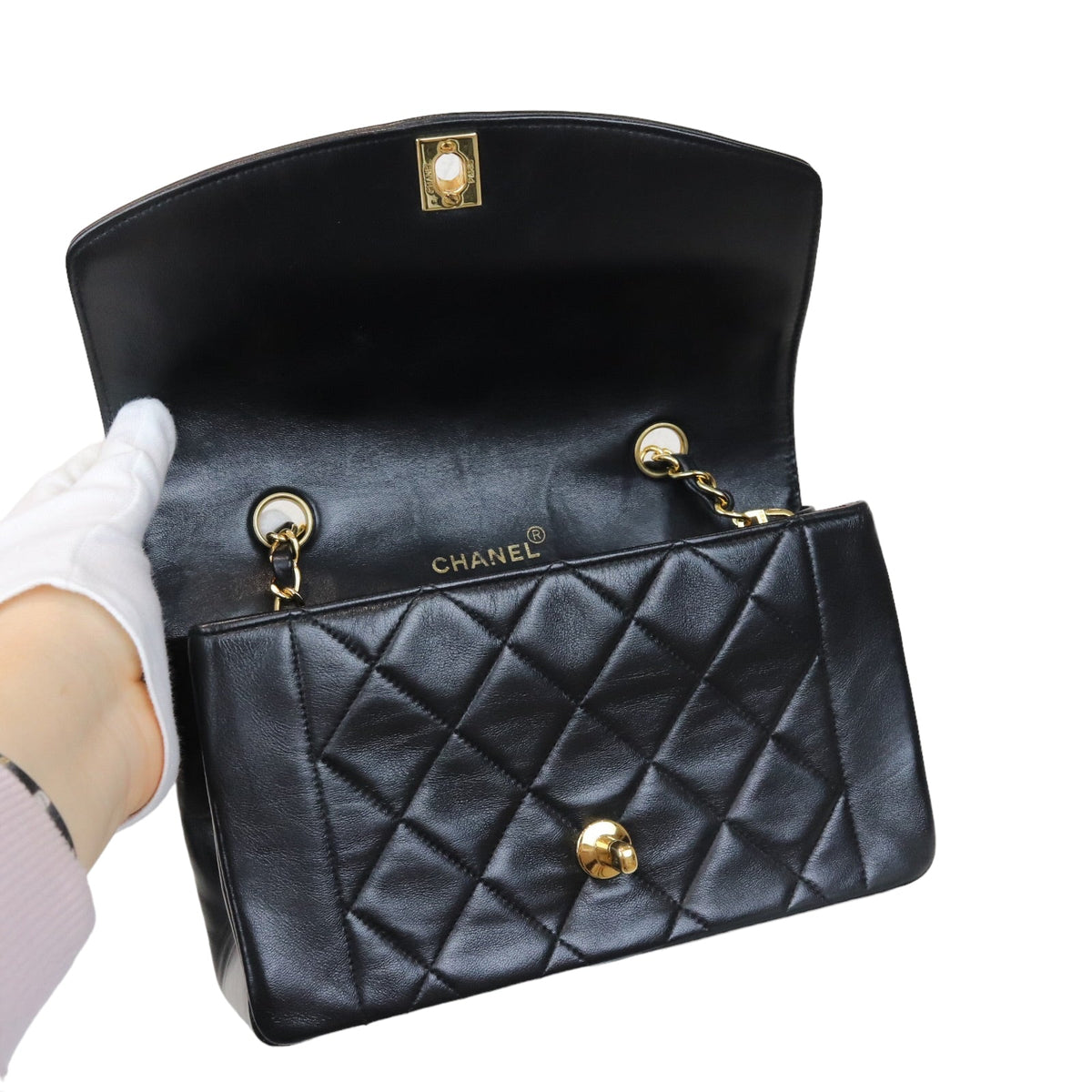 Small Classic Diana flap Black Lambskin GHW
