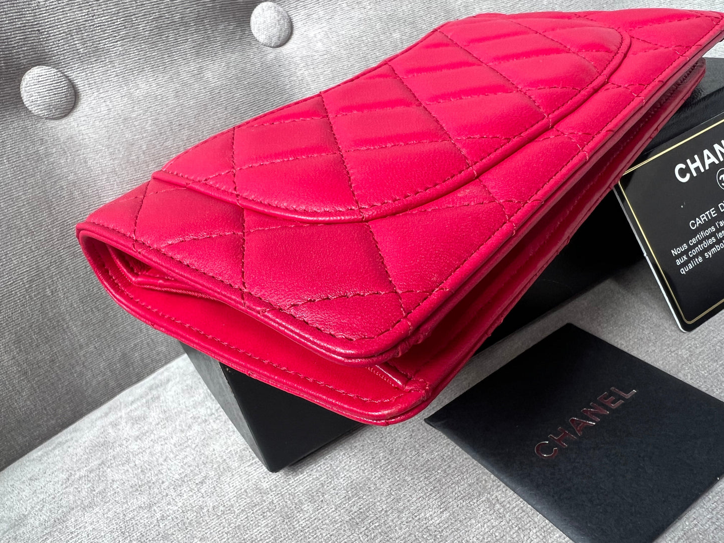 Chanel Classic Quilted Yen Bifold Wallet in Raspberry Red Lambskin and Silver Hardware