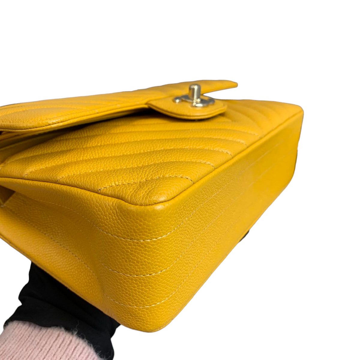 Small Classic Chevron Flap Caviar Yellow SHW