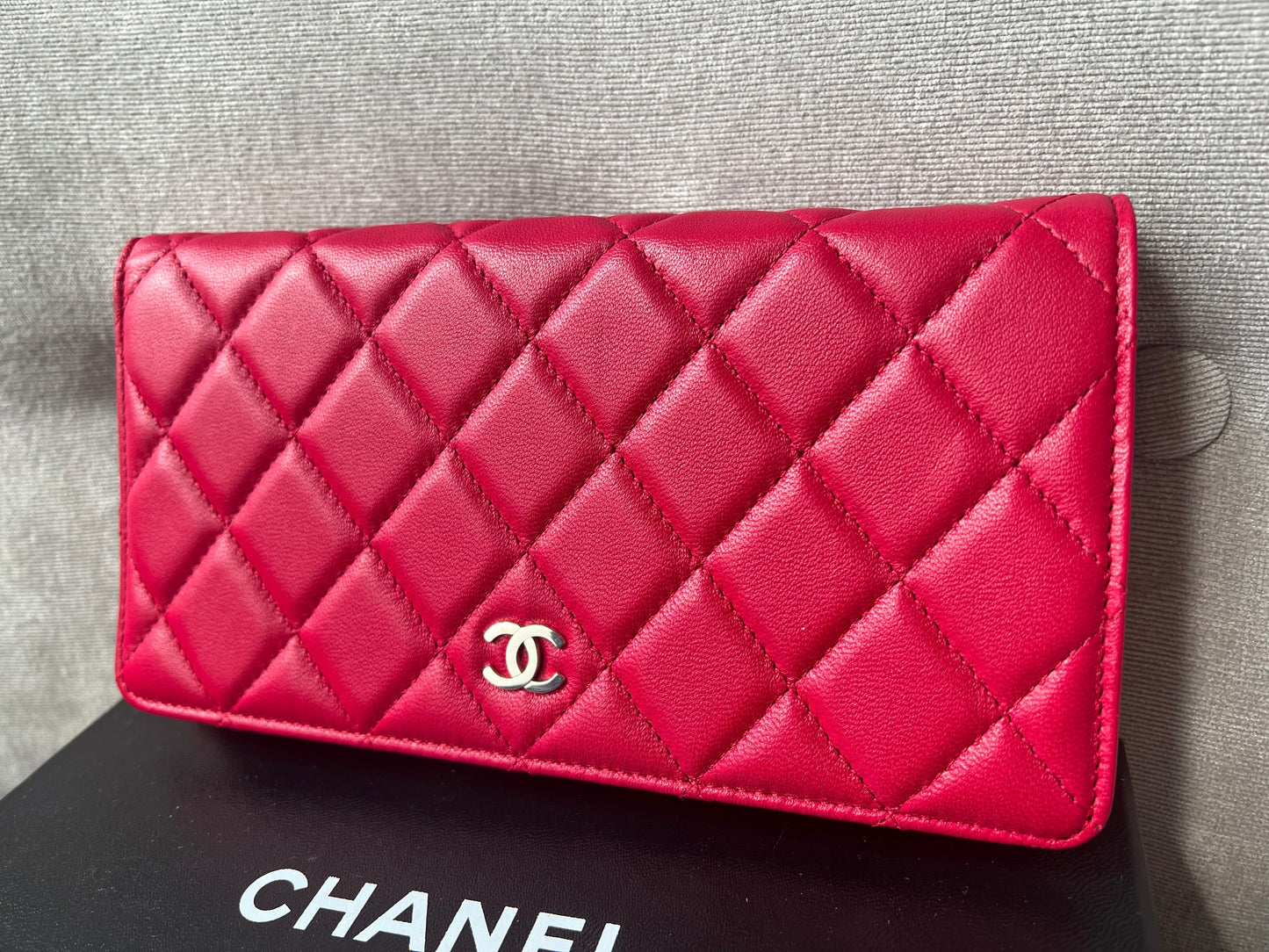 Chanel Classic Quilted Yen Bifold Wallet in Raspberry Red Lambskin and Silver Hardware