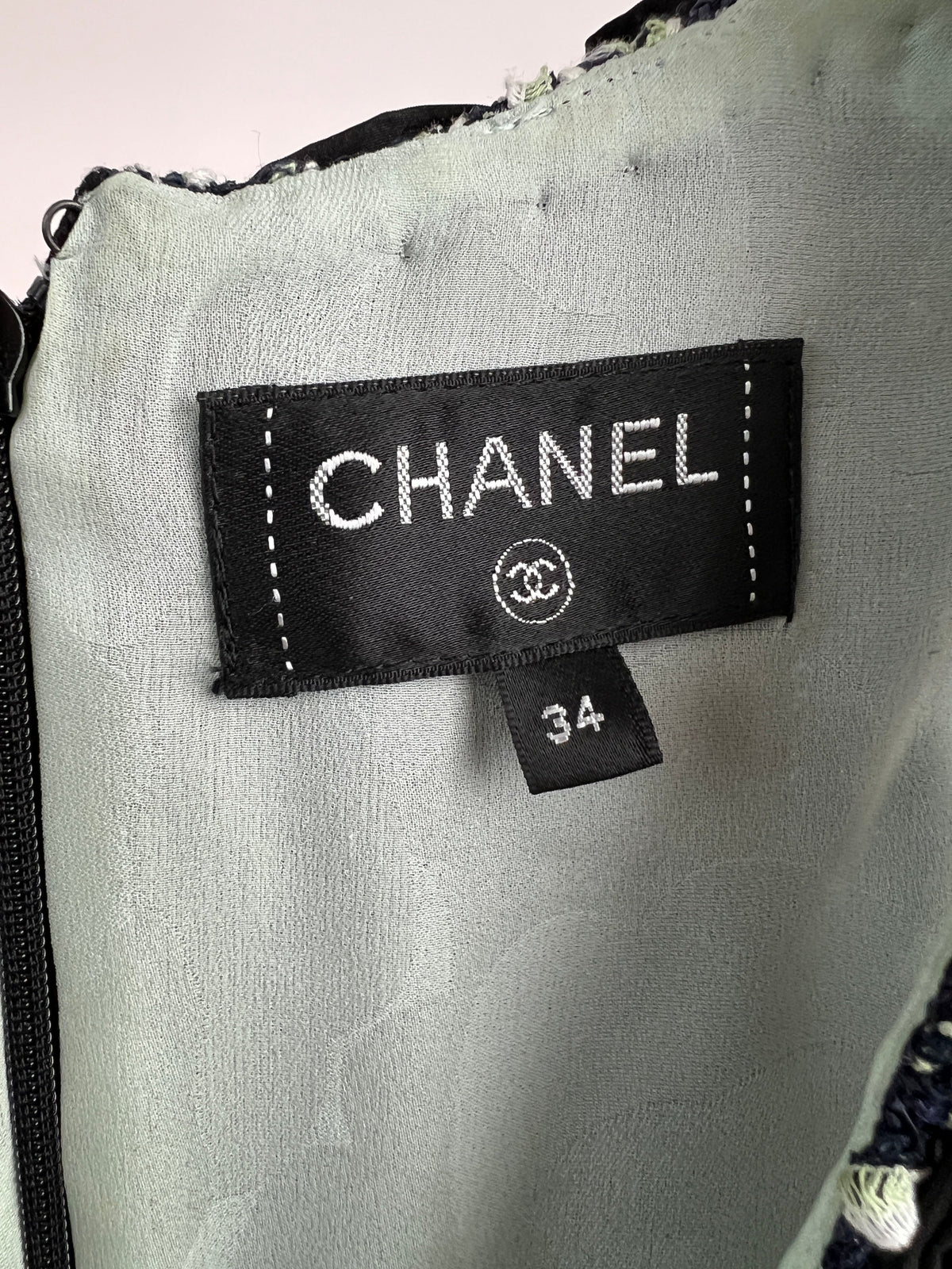 Chanel Navy, White, & Green Tweed V-Neck Mini Dress with Woven Black Bow Detail FR 34 (UK 6)