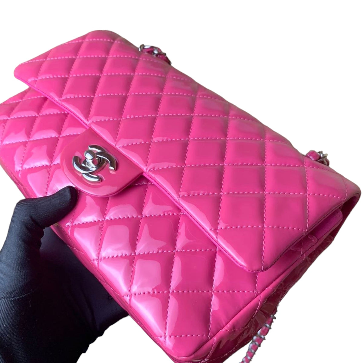Classic Flap Medium Patent Quilted Pink SHW