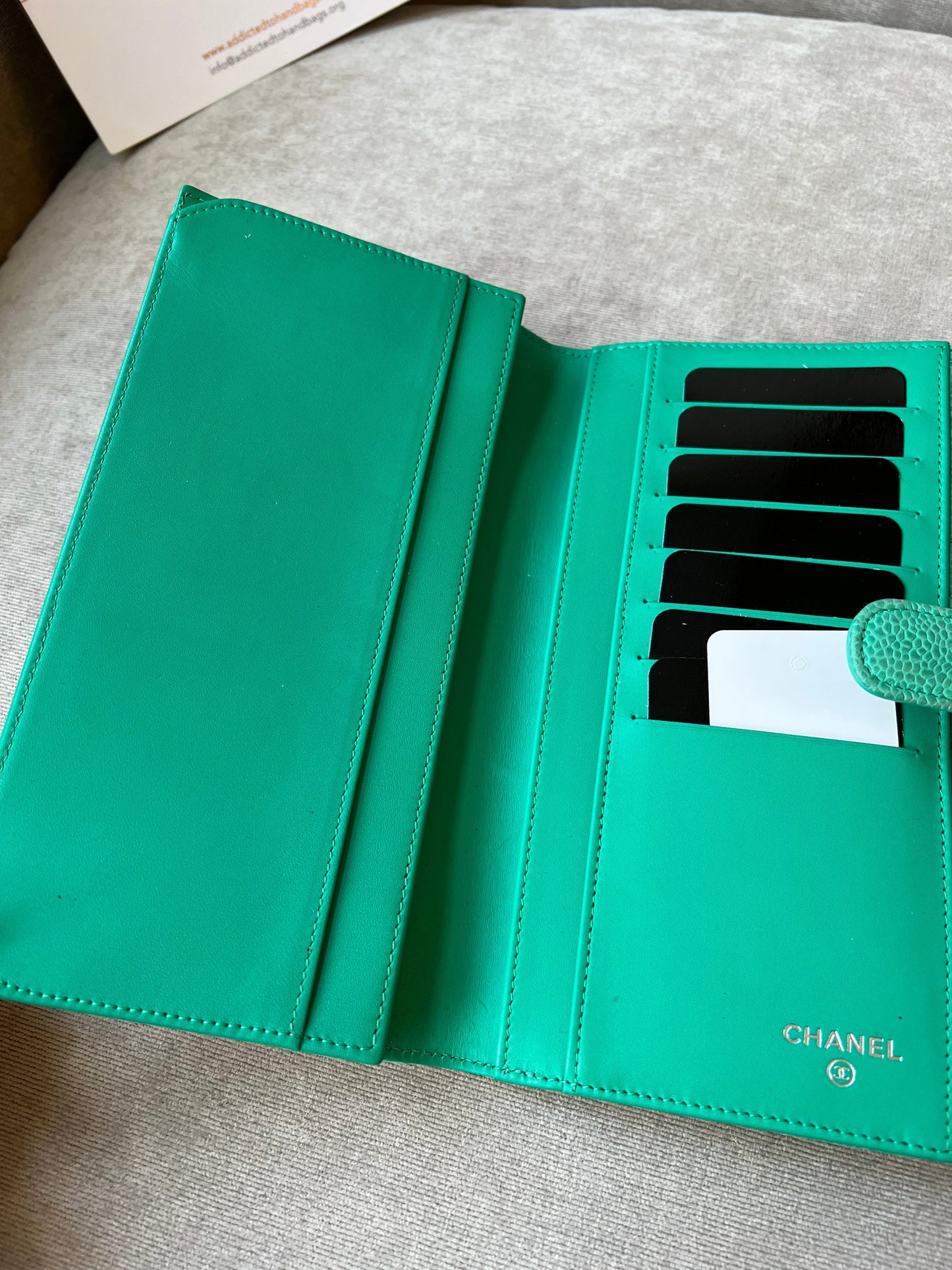 Chanel Green Suede Caviar Flap Wallet