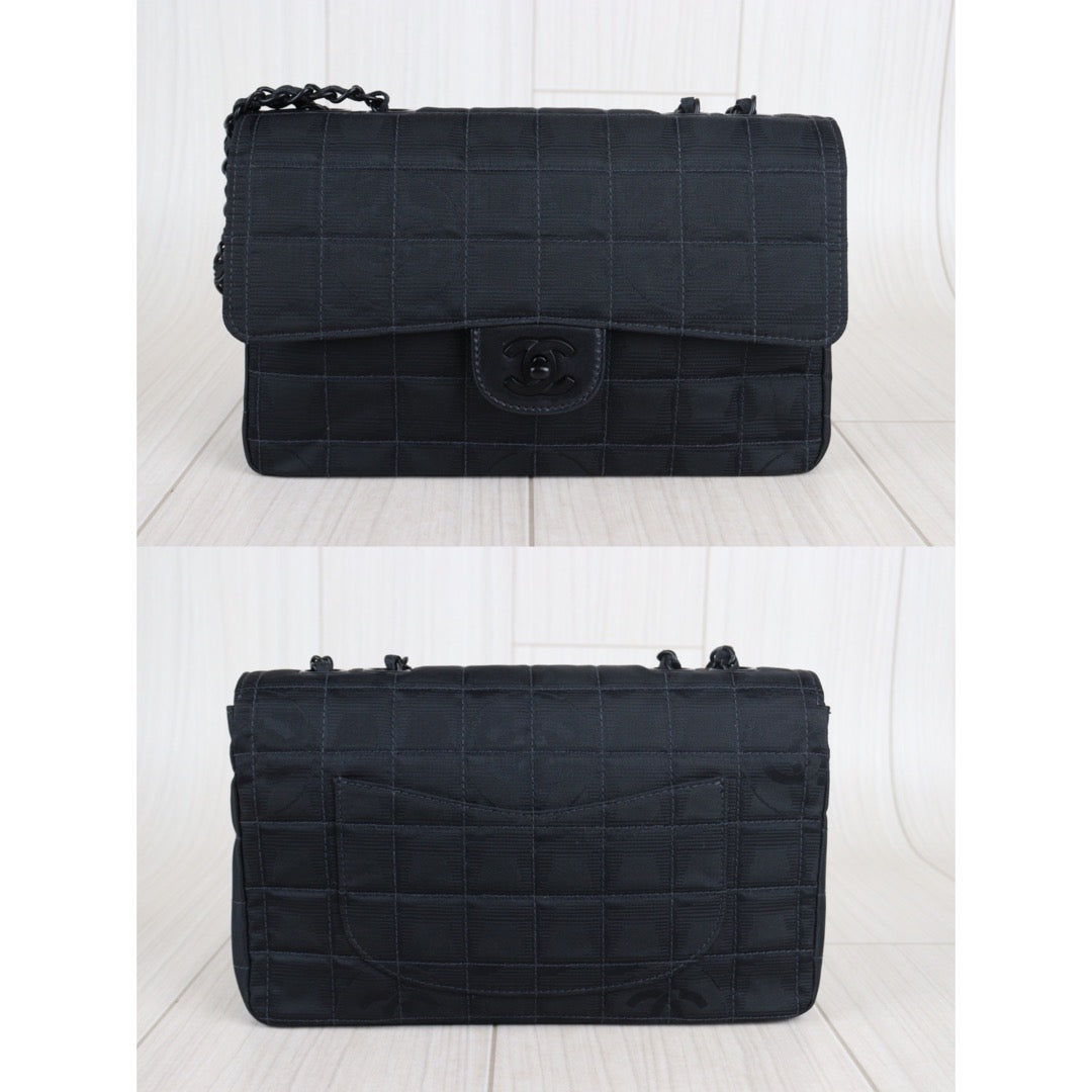 Rank A ｜ CHANEL New Travel Line Chain Shoulder Bag Nylon Leather Black ｜V23053003