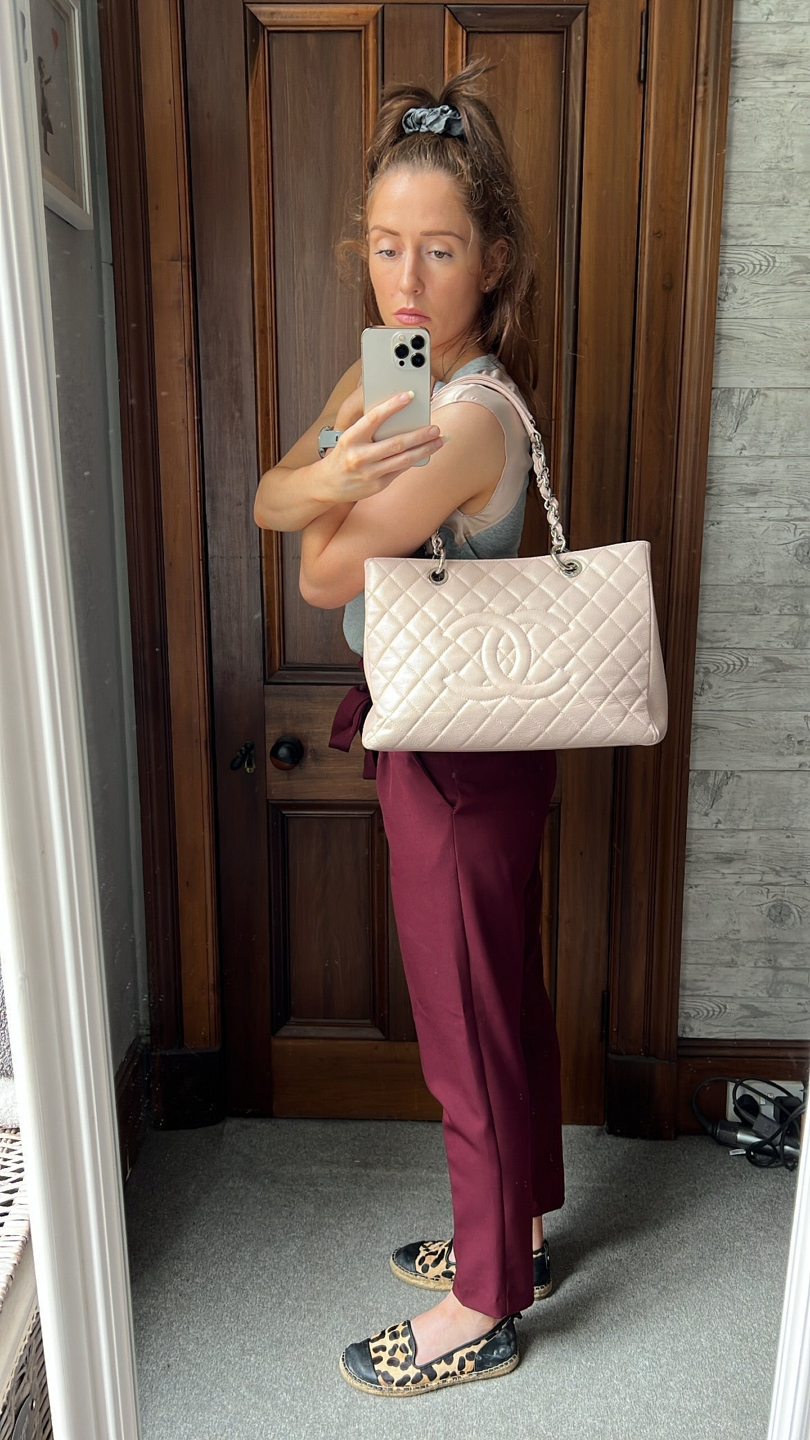 Chanel Light Pink Caviar Grand Shopper Tote with silver hardware