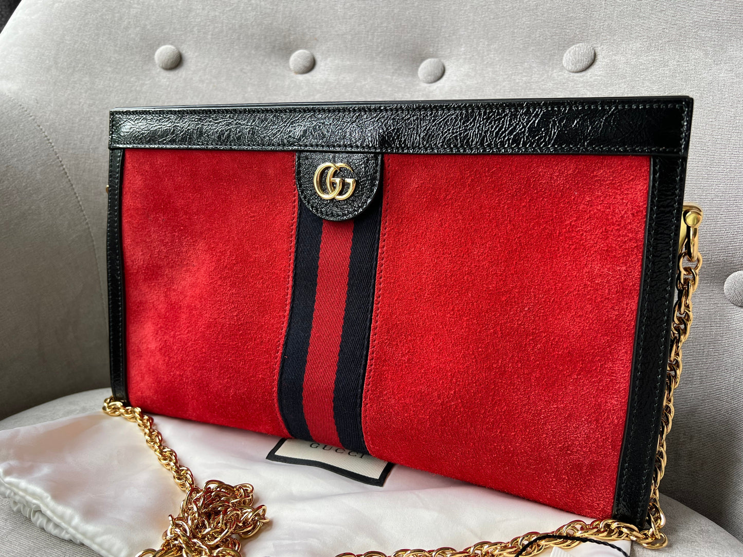 Gucci Red Suede and Black Leather Ophidia Shoulder Bag