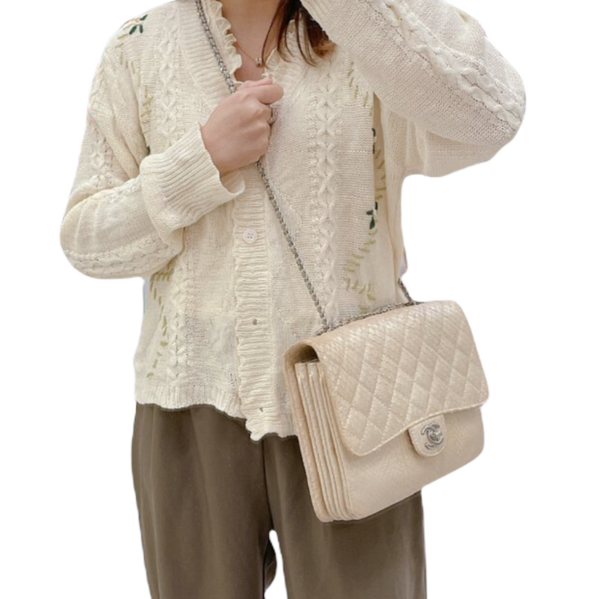 3 Accordion Flap Python Leather Beige SHW