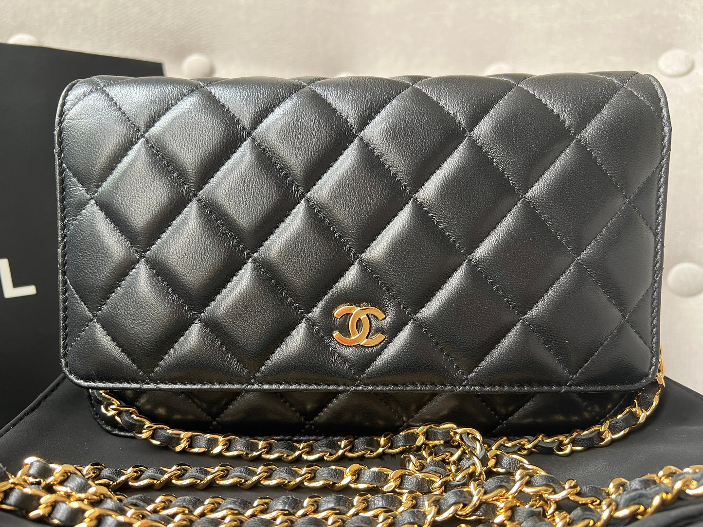 Chanel Black Lambskin Wallet on Chain with gold hardware