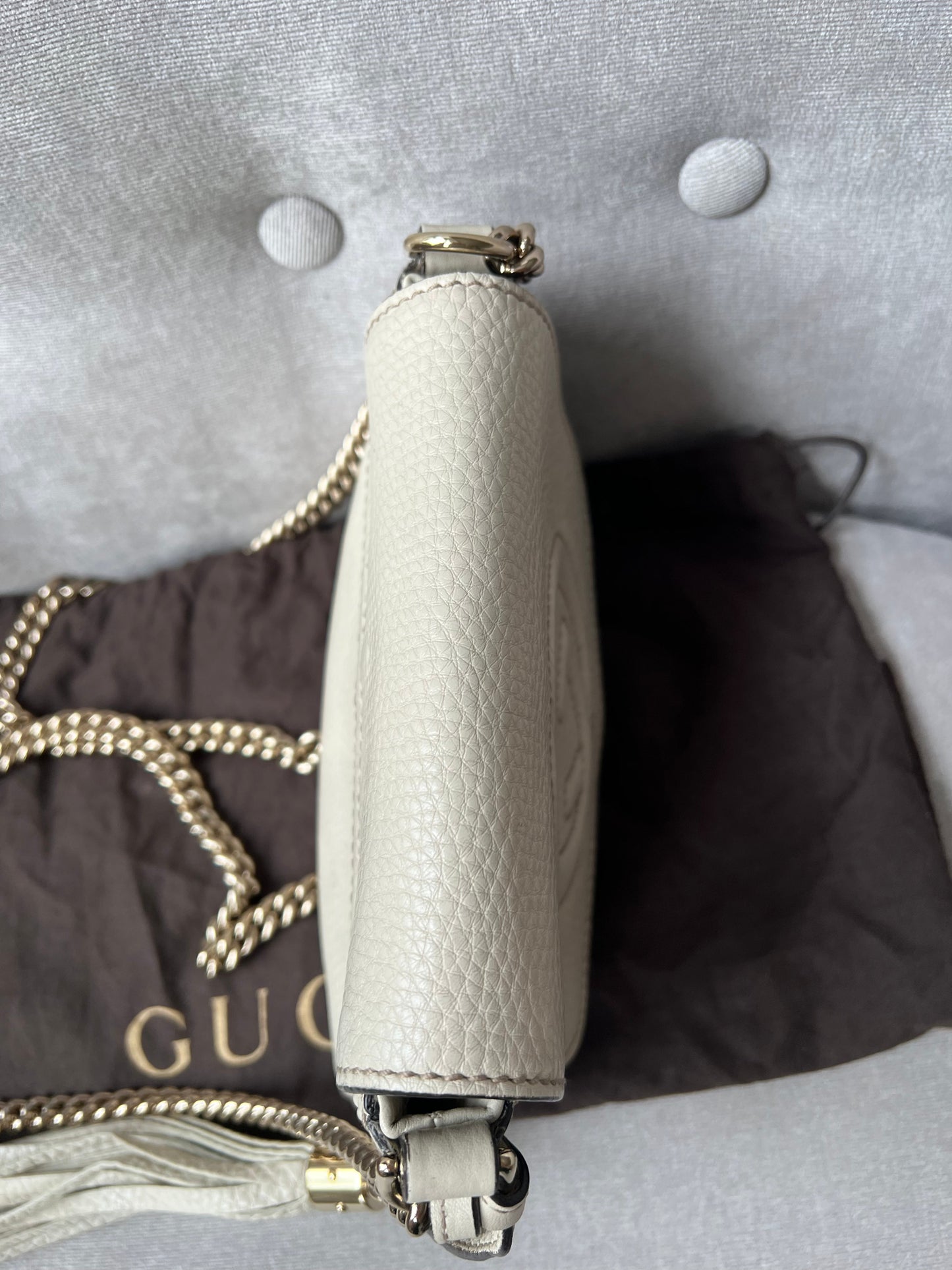 Gucci White Mini Soho Chain Crossbody Flap Bag