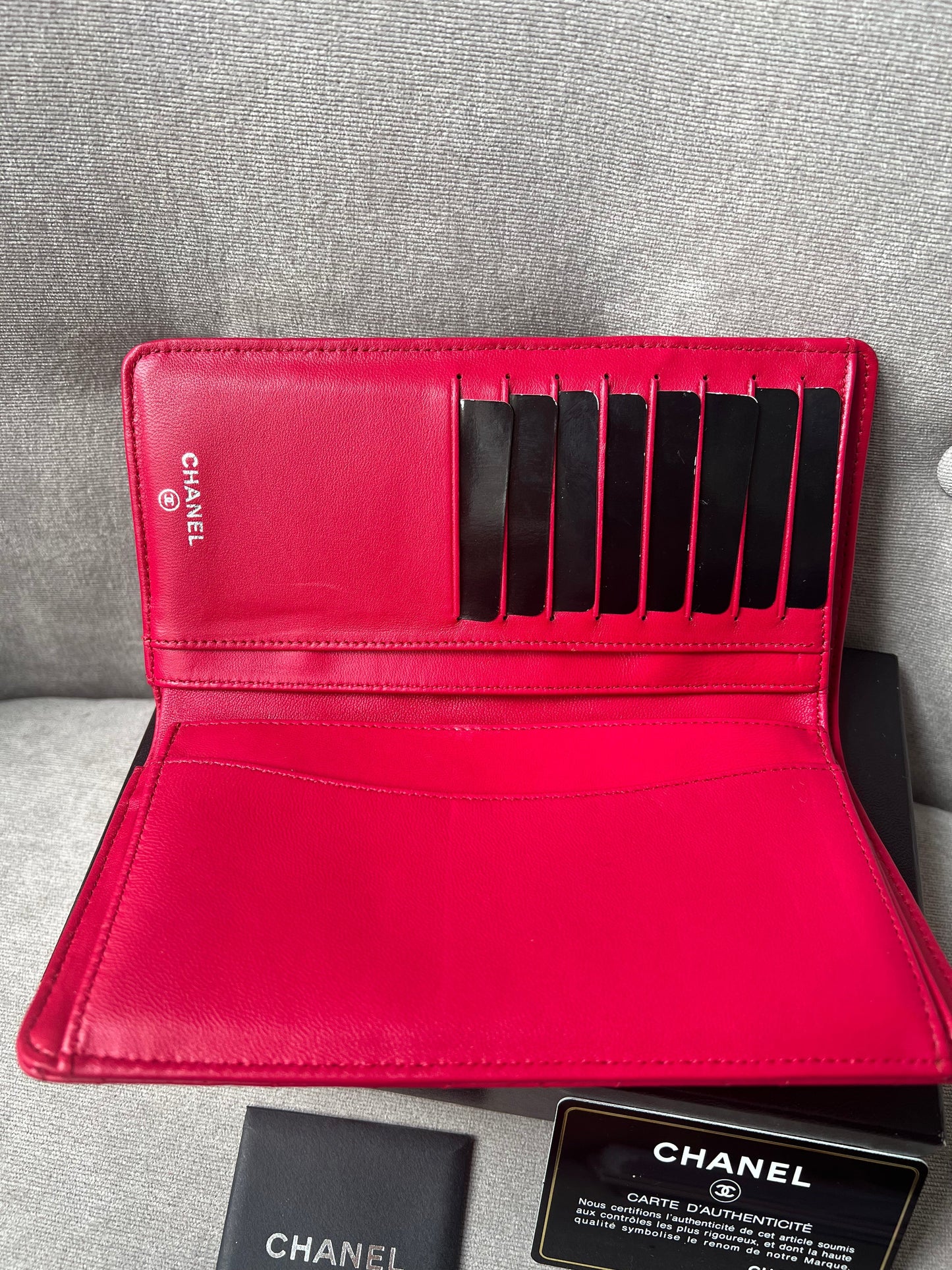 Chanel Classic Quilted Yen Bifold Wallet in Raspberry Red Lambskin and Silver Hardware