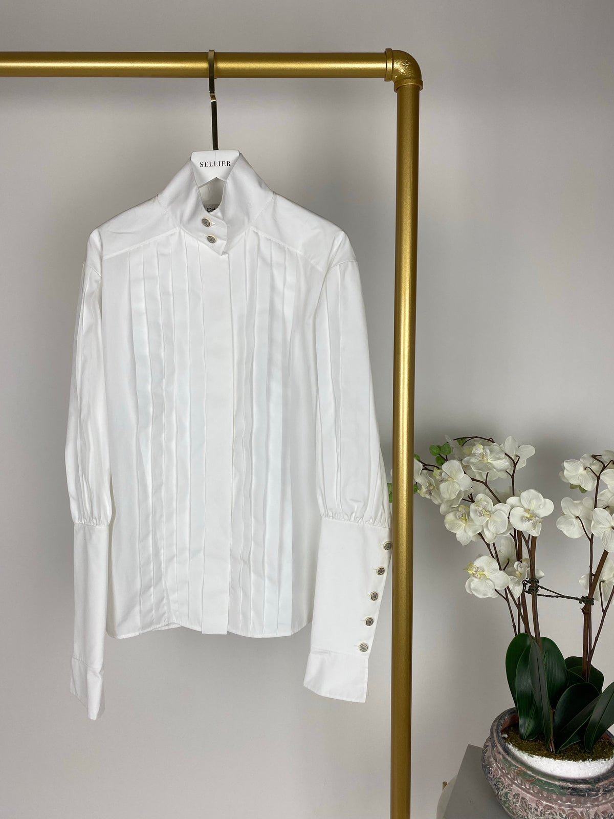 Chanel White Cotton High Neck Pleated Shirt Size FR34 (UK6) RRP ¬£3,720