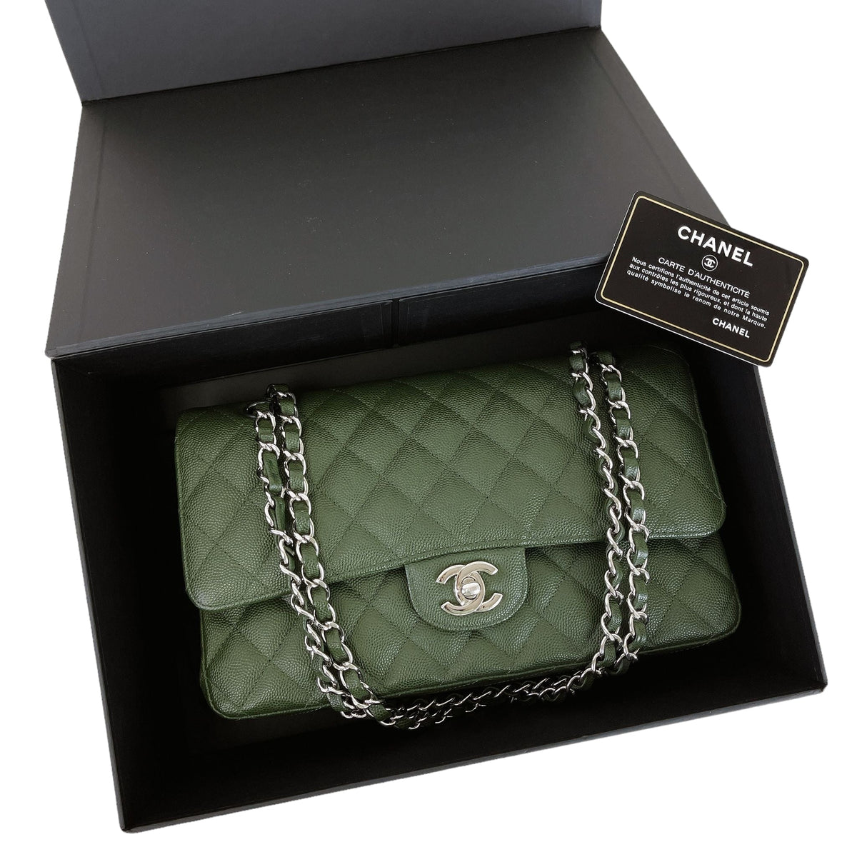 Medium Classic Double Flap Caviar Green SHW