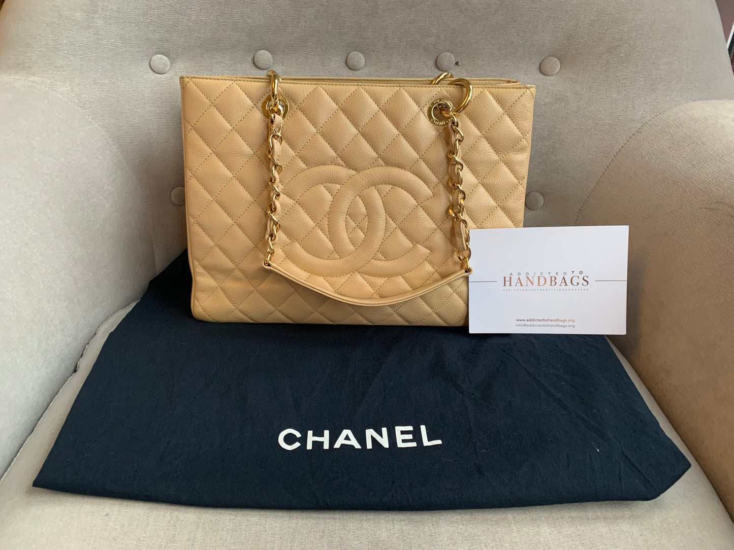 Chanel Beige Caviar Grand Shopper Tote with gold hardware
