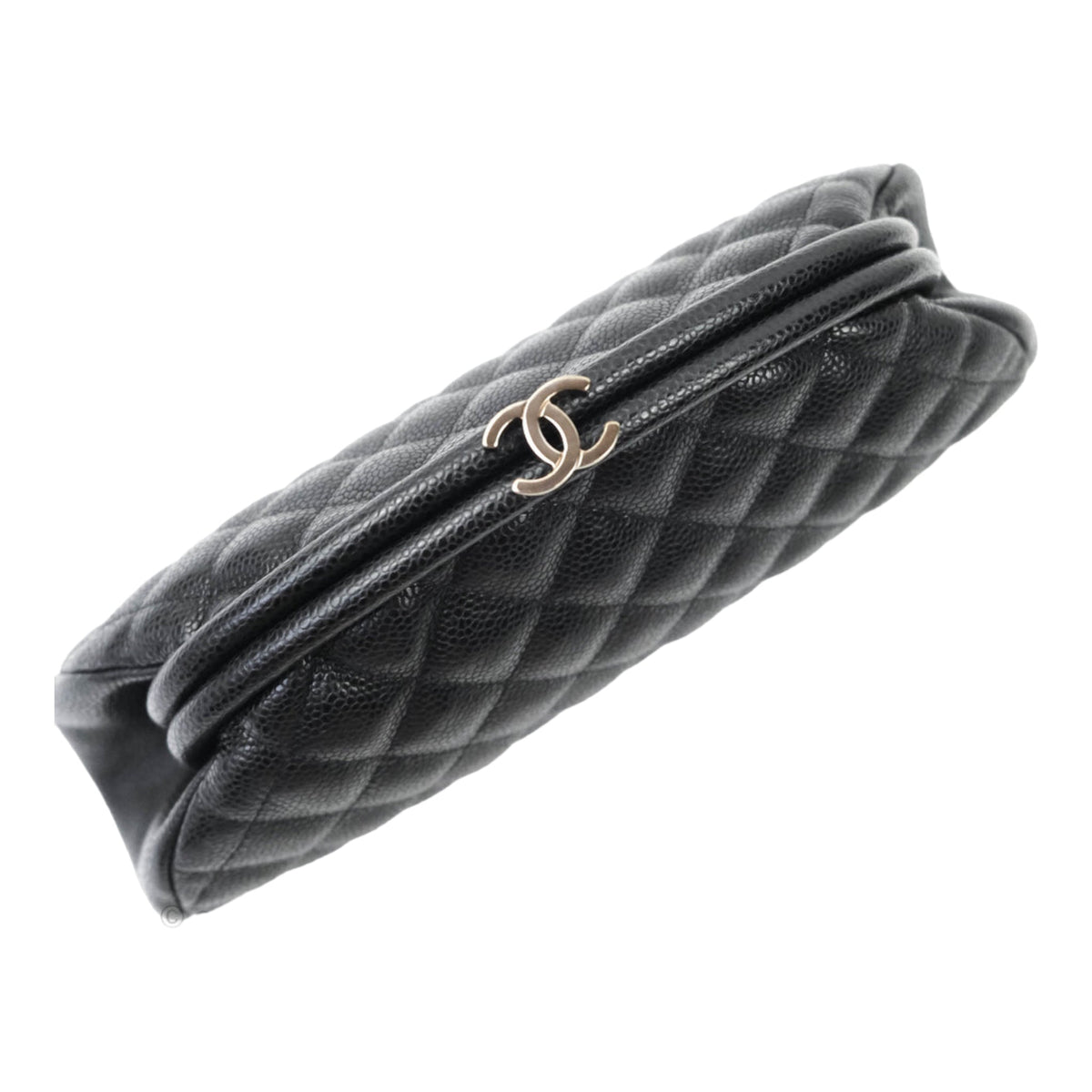 Chanel Quilted Timeless Kisslock Clutch Black Caviar Silver Hardware