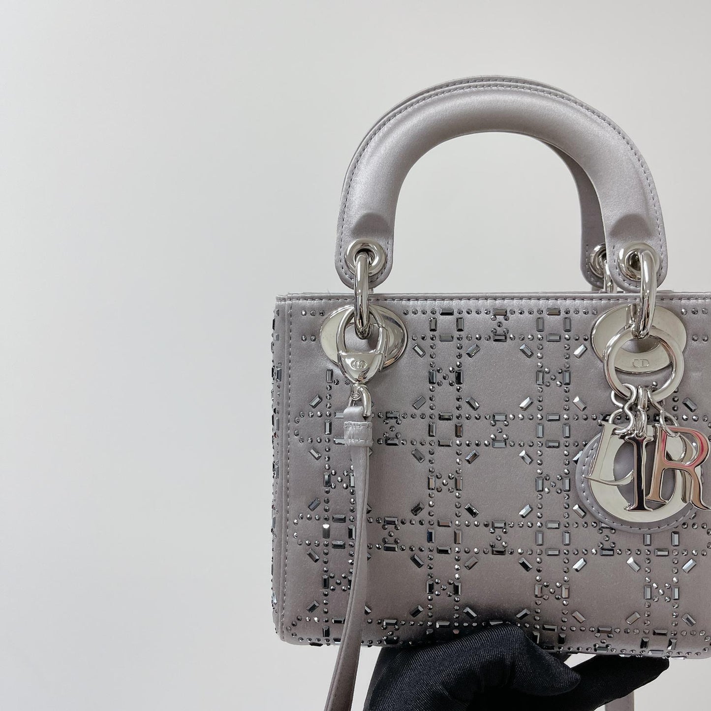 Embellished Cannage Satin Mini Lady Dior Grey