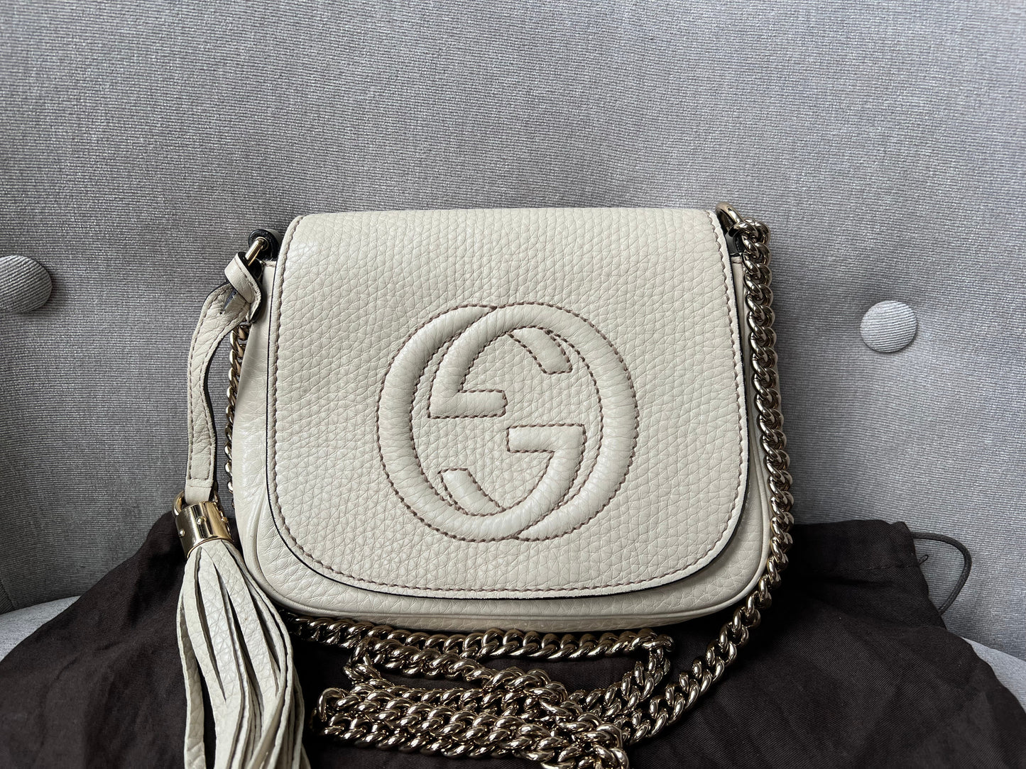 Gucci White Mini Soho Chain Crossbody Flap Bag