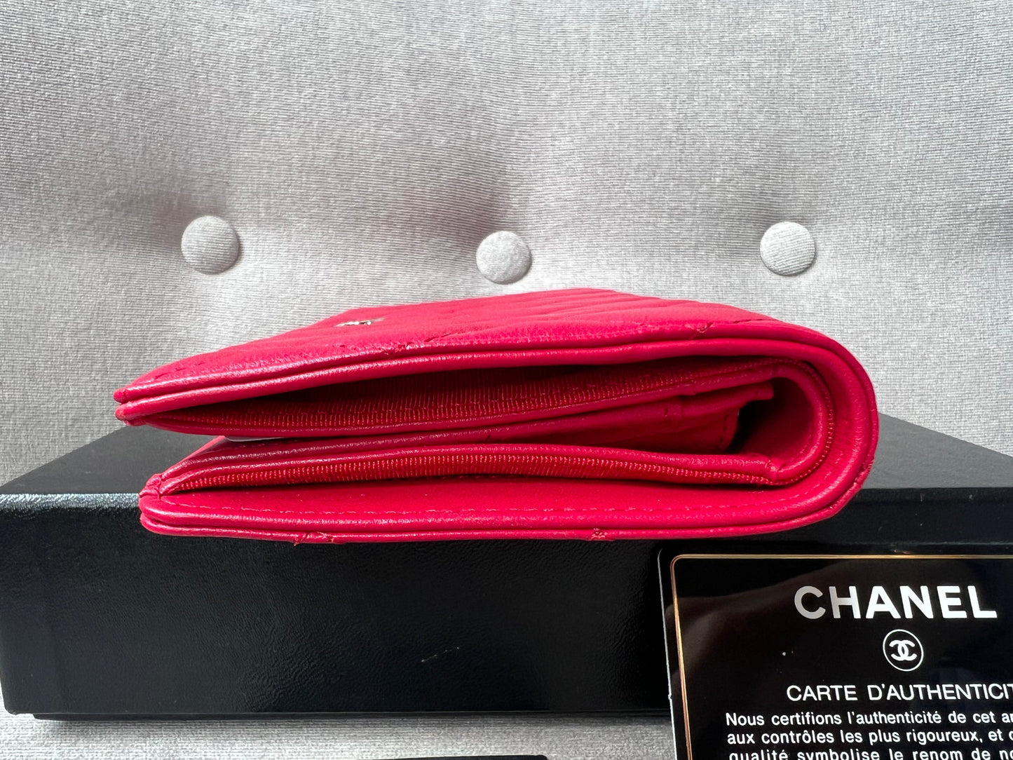 Chanel Classic Quilted Yen Bifold Wallet in Raspberry Red Lambskin and Silver Hardware