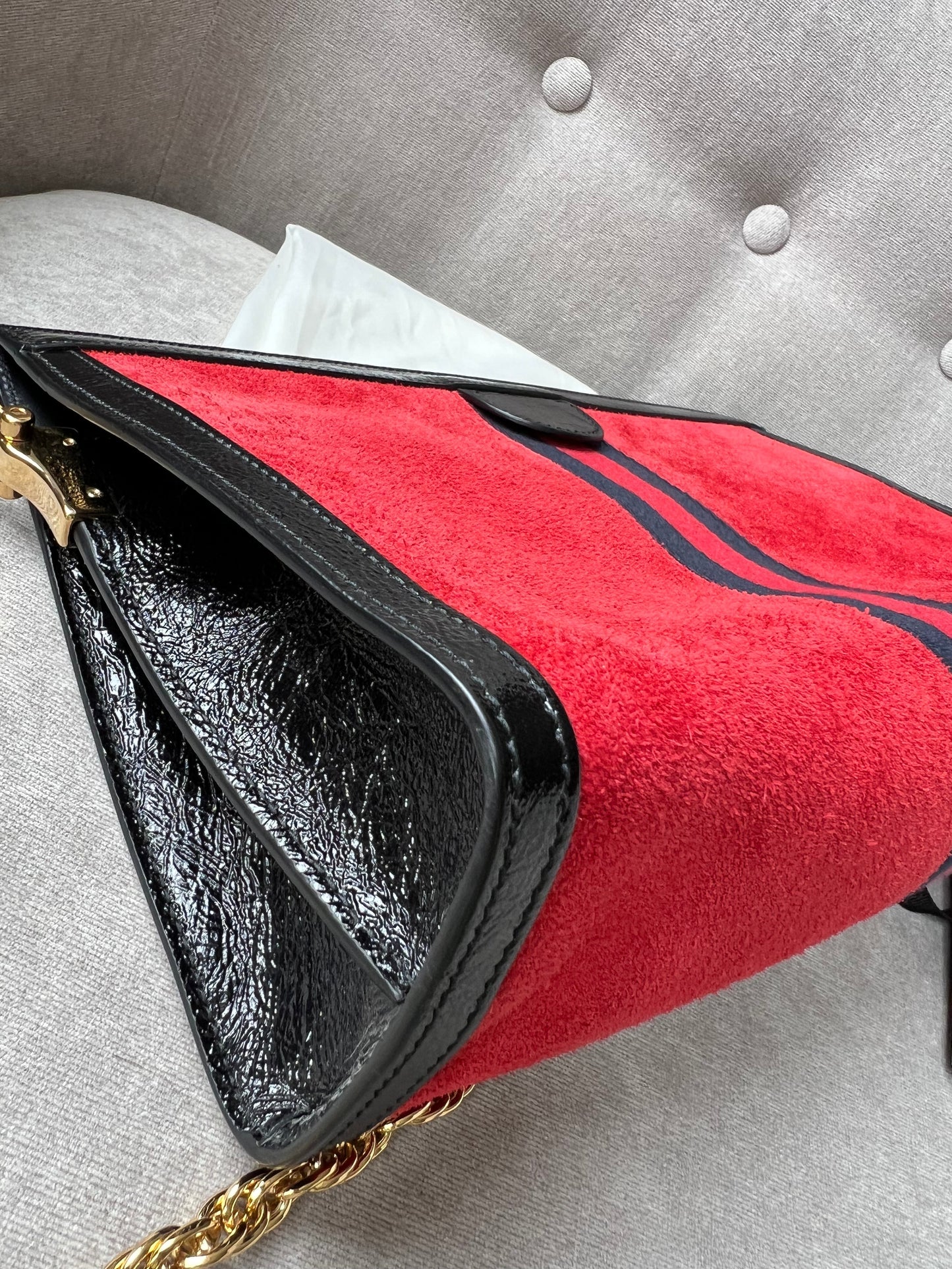 Gucci Red Suede and Black Leather Ophidia Shoulder Bag