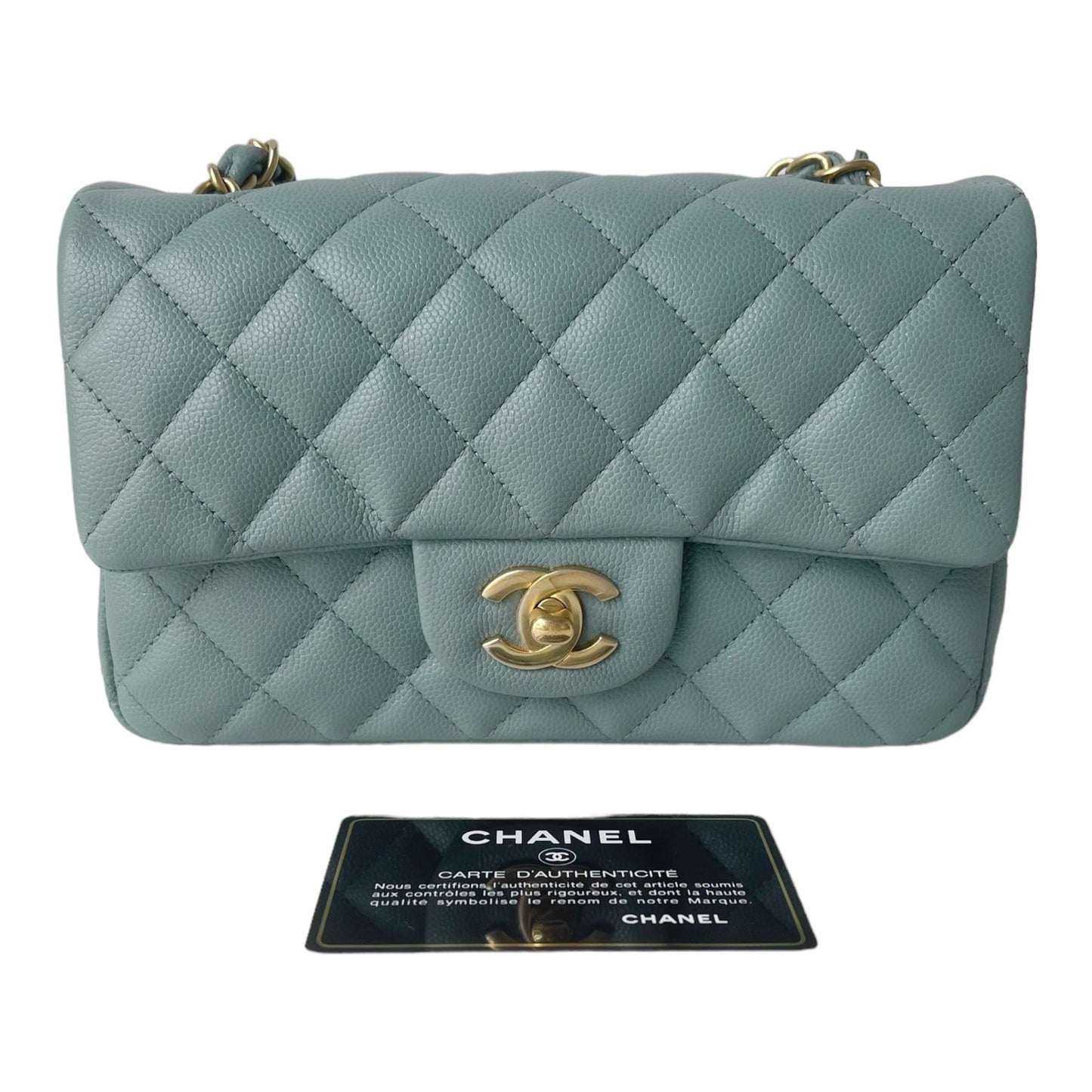 Chanel Quilted Mini Rectangular Flap Iridescent Blue Green Aged Gold Hardware 18C