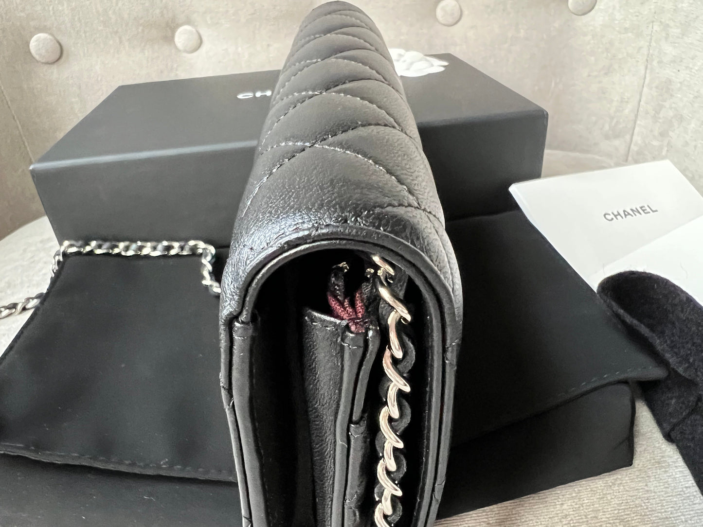 Chanel Black Lambskin Wallet on Chain with silver hardware