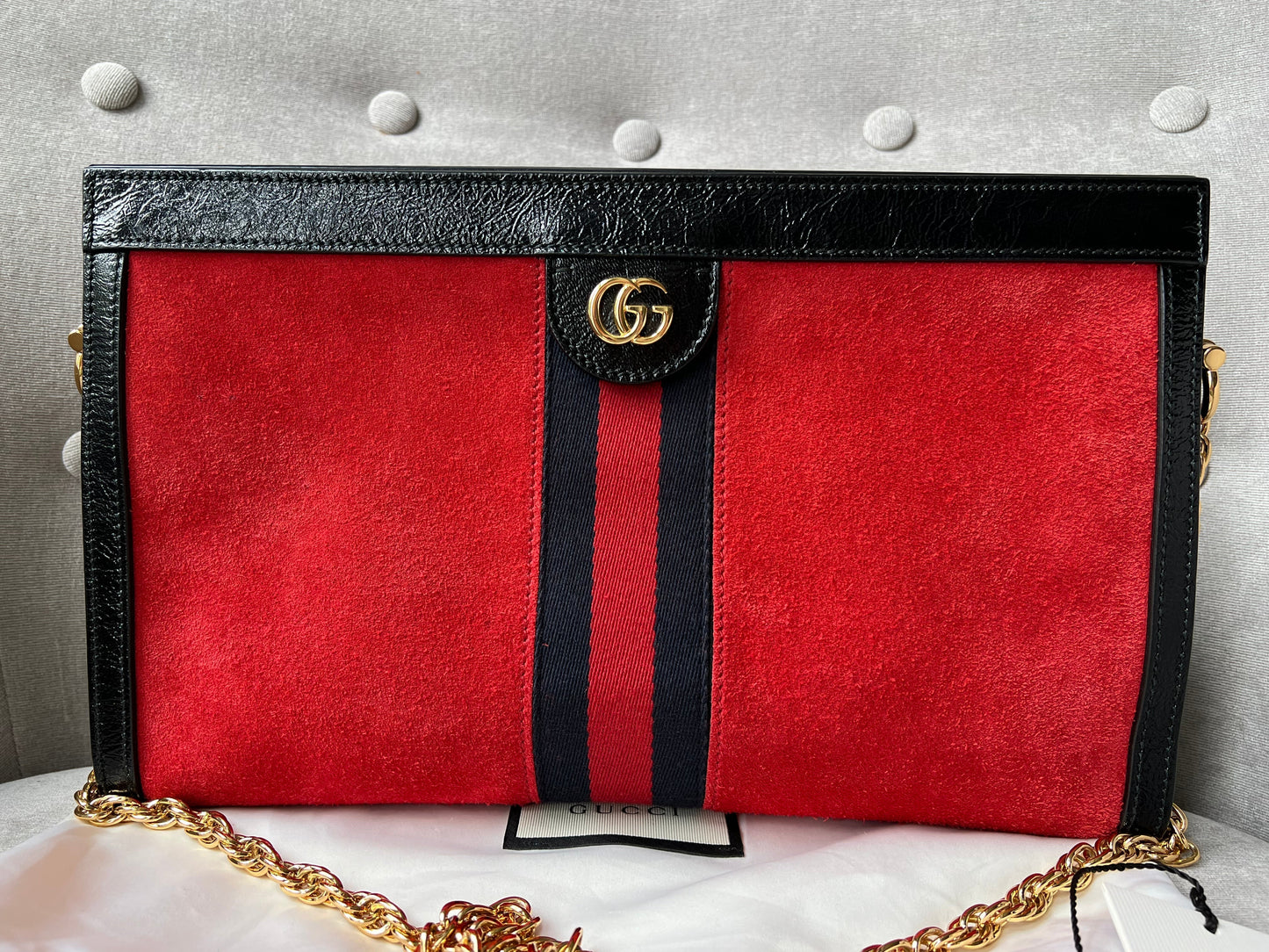 Gucci Red Suede and Black Leather Ophidia Shoulder Bag