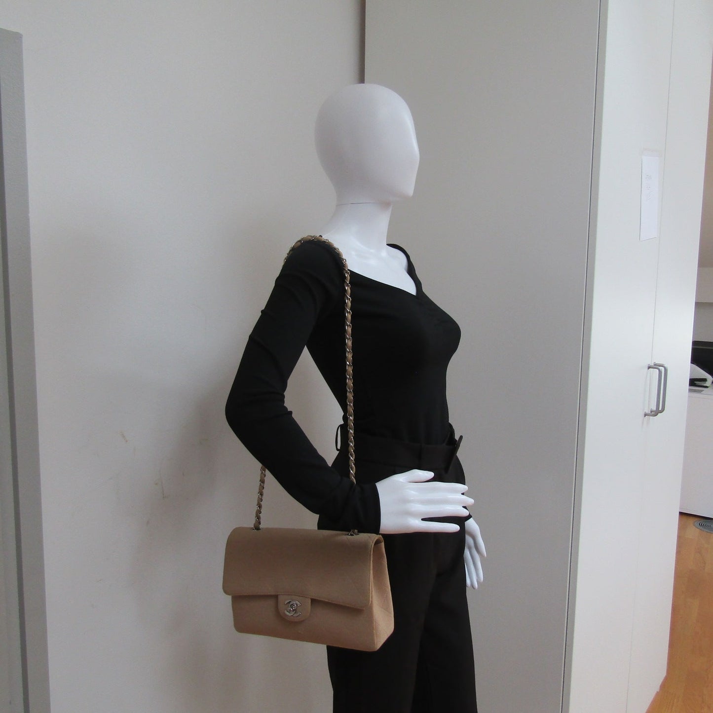 CHANEL Timeless/Classique Shoulder Bag in Beige Fabric