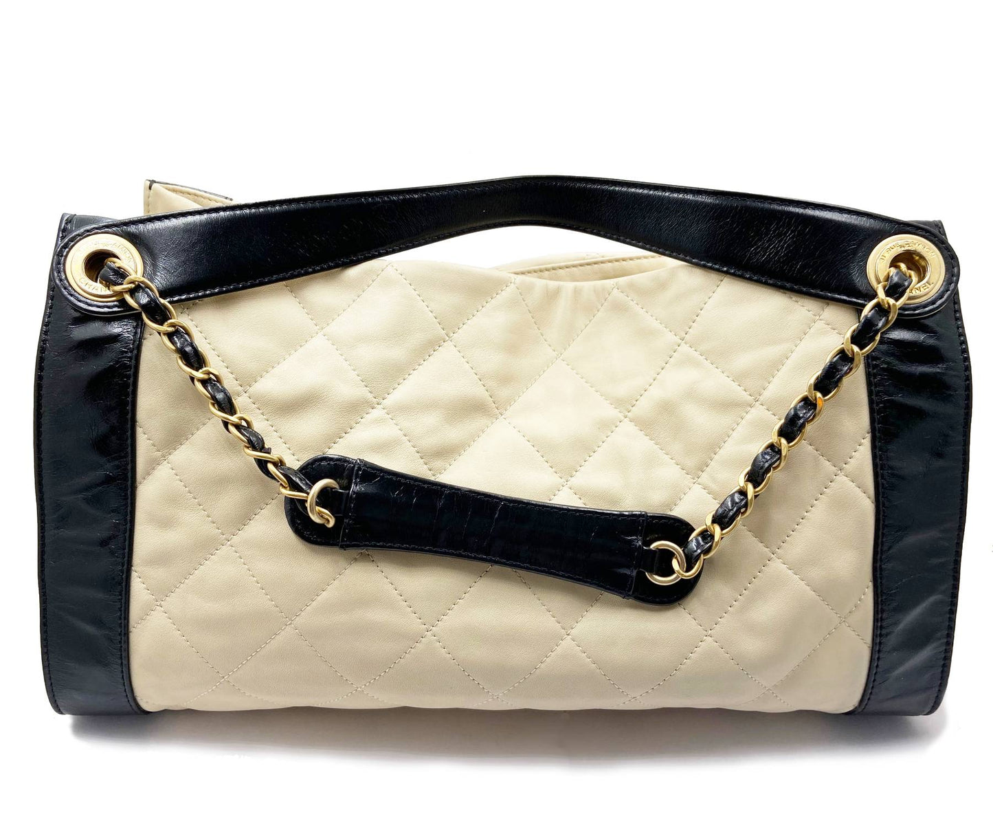 CHANEL Ivory Black Leather Hand Shoulder Bag