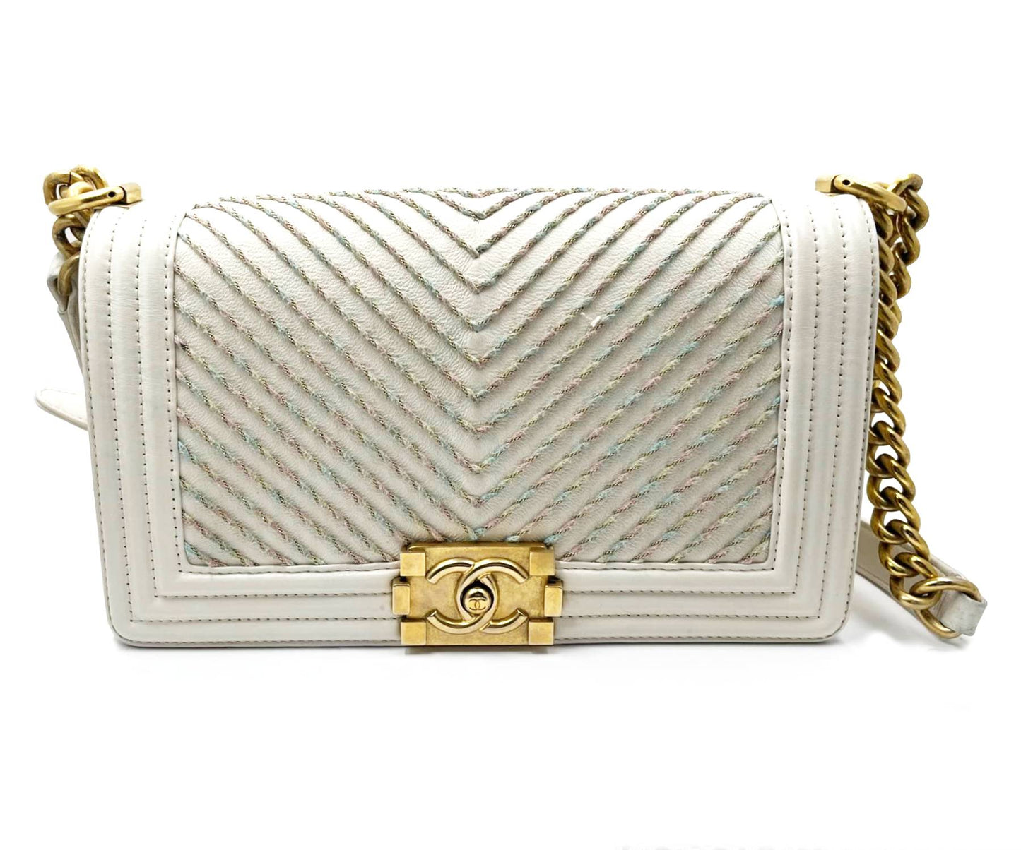 CHANEL Ivory Boy Pink Stitching Chevron Crossbody Bag