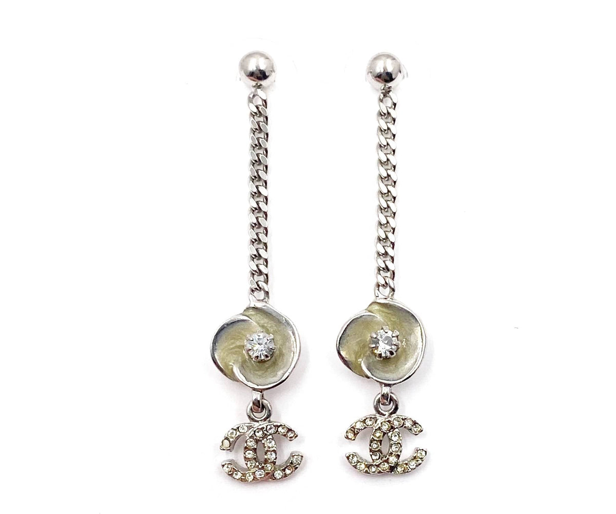Top Quality Chanel Ivory Enamel Camellia CC Crystal Chain Dangle Piercing Earrings