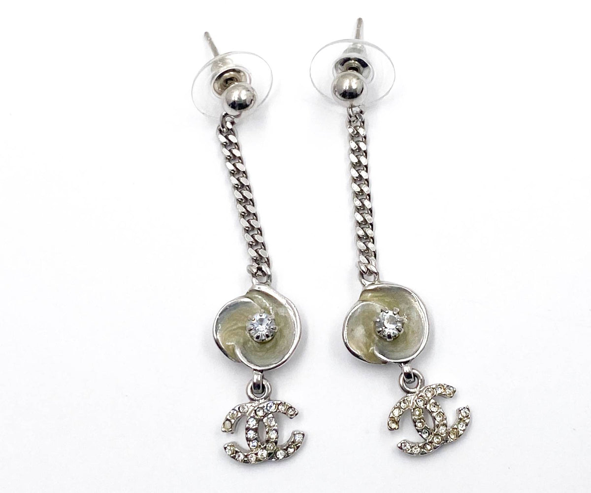 Top Quality Chanel Ivory Enamel Camellia CC Crystal Chain Dangle Piercing Earrings