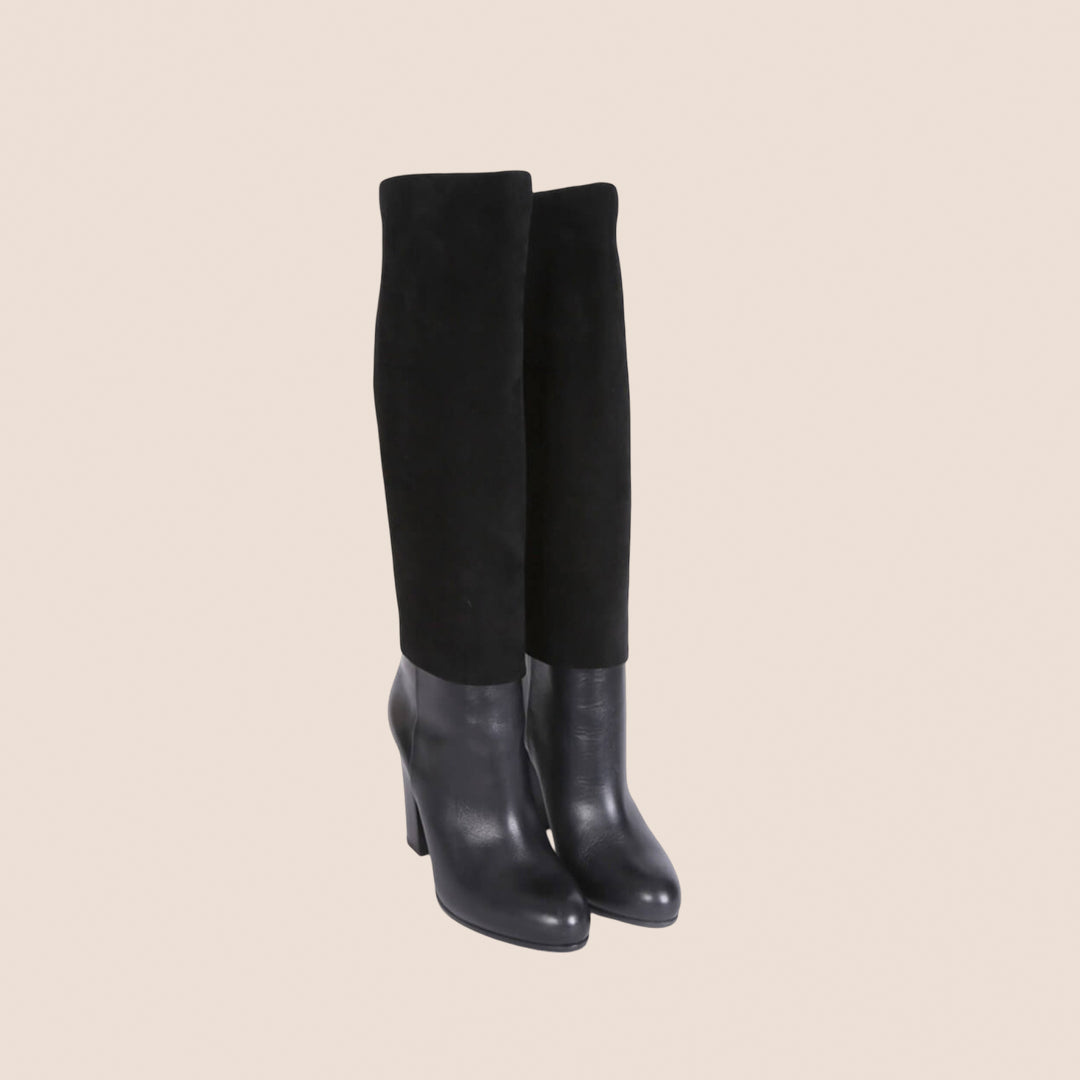 CHRISTIAN DIOR BLACK SUEDE TOP LEATHER HIGH HEEL BOOTS