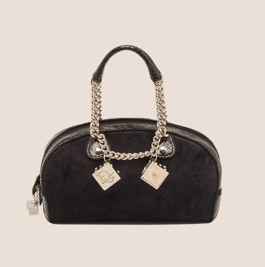 CHRISTIAN DIOR 2004 PYTHON TRIMMED BLACK SUEDE GAMBLER DICE BOWLER BAG