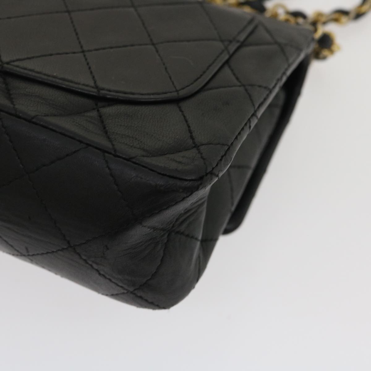 CHANEL Mini Matelasse Chain Flap Shoulder Bag Lamb Skin Black Gold Auth ai651A