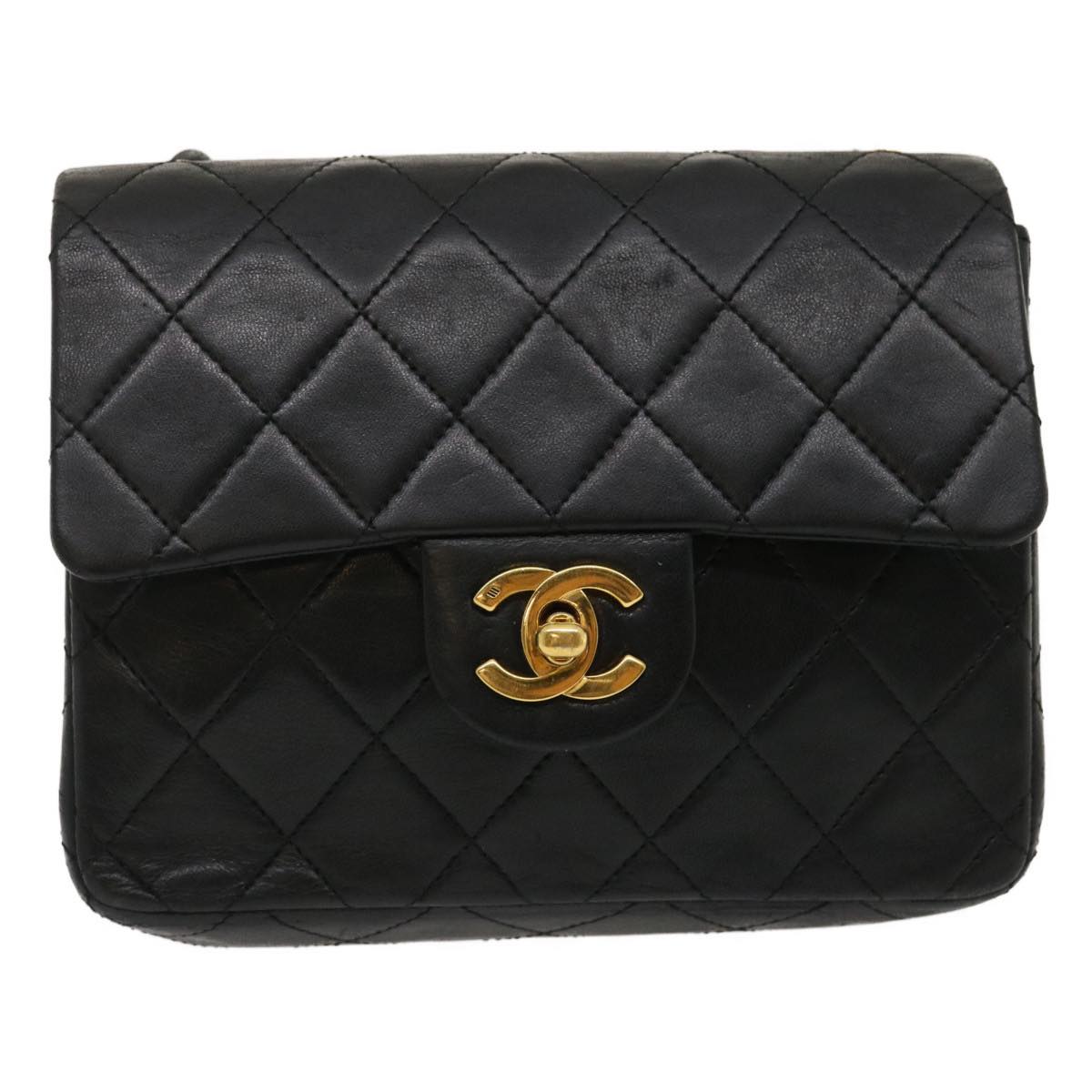 Top Quality Chanel Mini Matelasse Chain New Shoulder Bag Lamb Skin Black Gold Auth ai651A