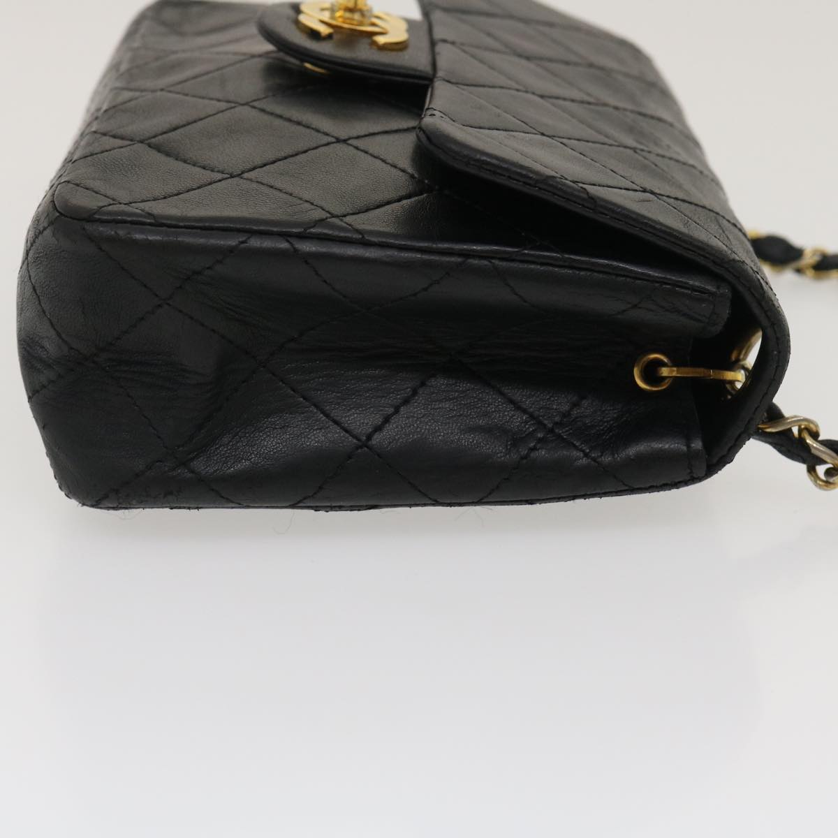 CHANEL Mini Matelasse Chain Flap Shoulder Bag Lamb Skin Black Gold Auth ai651A