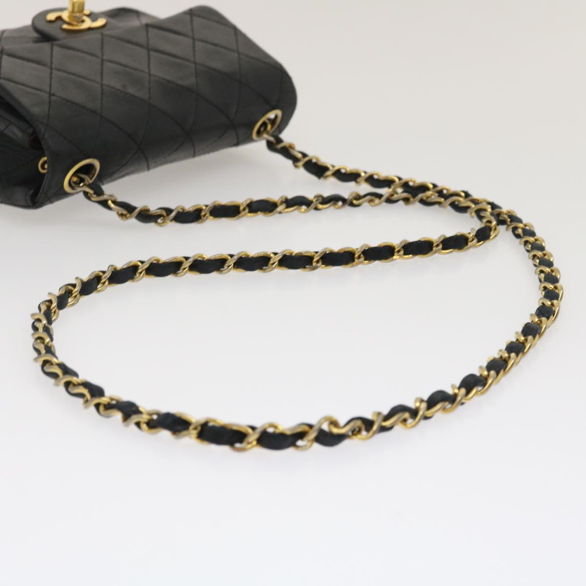 CHANEL Mini Matelasse Chain Flap Shoulder Bag Lamb Skin Black Gold Auth ai651A