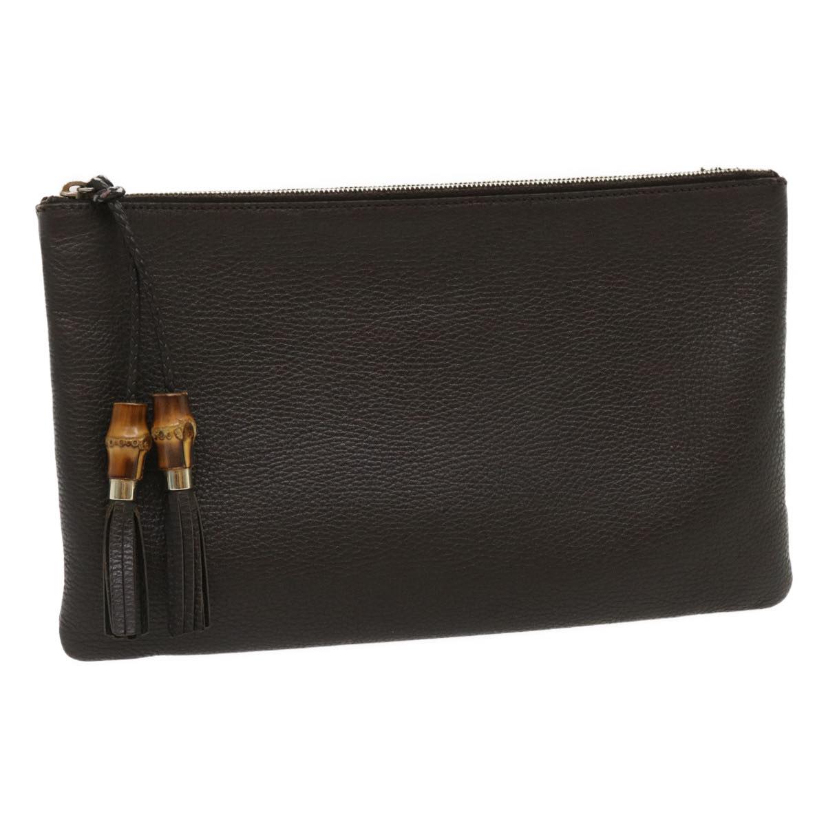 Gucci Clutch Bag Leather Bamboo Brown Auth ki1847