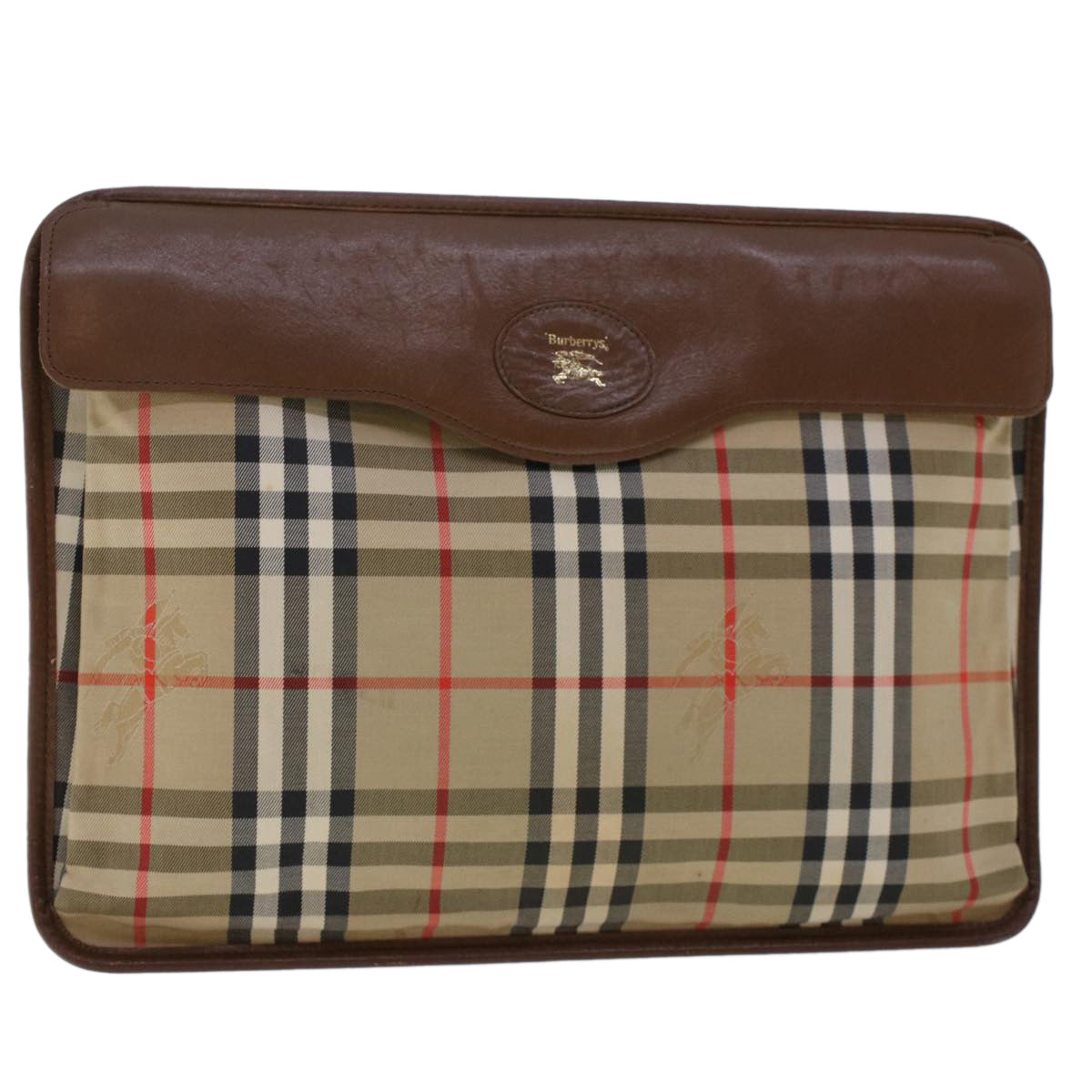 BURBERRYSs Nova Check Clutch Bag Nylon Leather Beige Auth ki3144