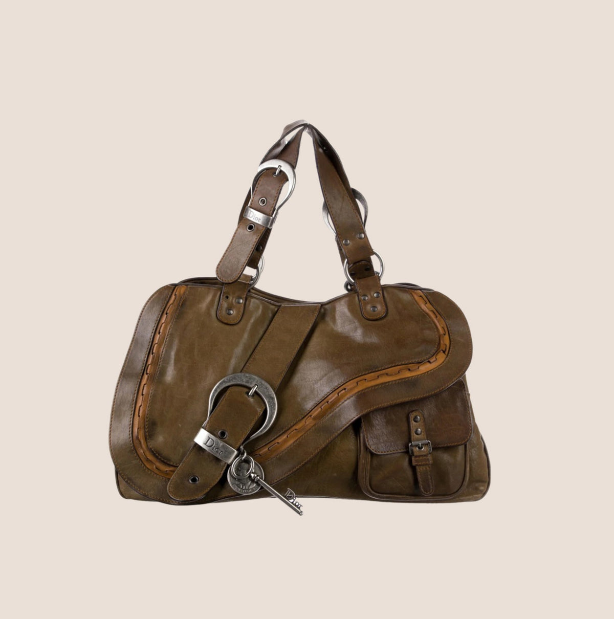 CHRISTIAN DIOR 2006 KHAKI LEATHER DOUBLE GAUCHO BAG