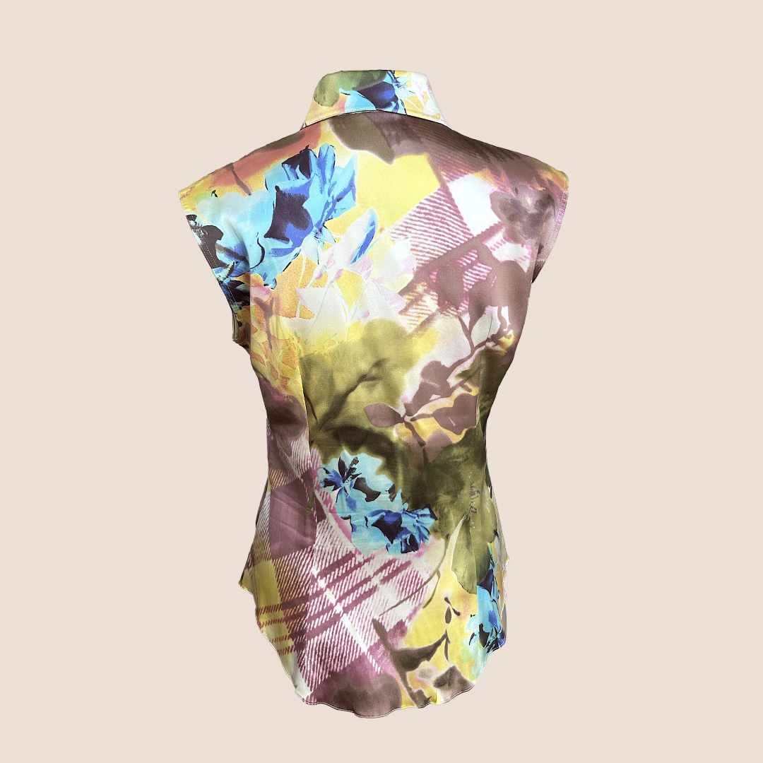 CHRISTIAN DIOR FALL 2001 SILK FLORAL CHECK SLEEVELESS SHIRT