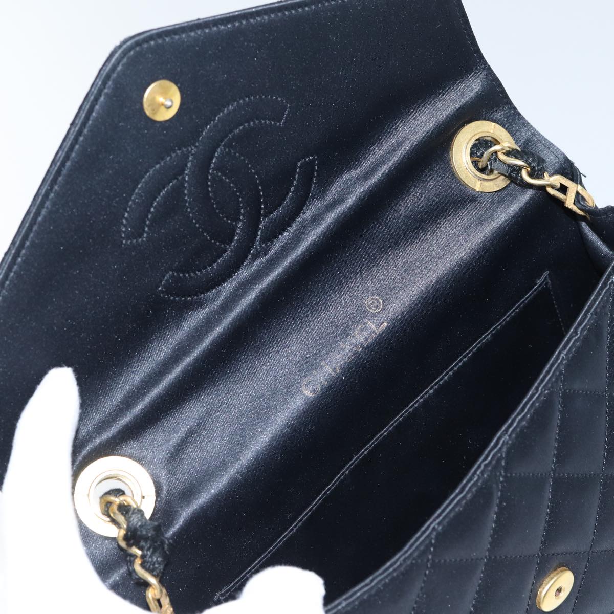Top Quality Chanel Matelasse Stone Chain Shoulder Bag Satin Black CC Auth kk285A