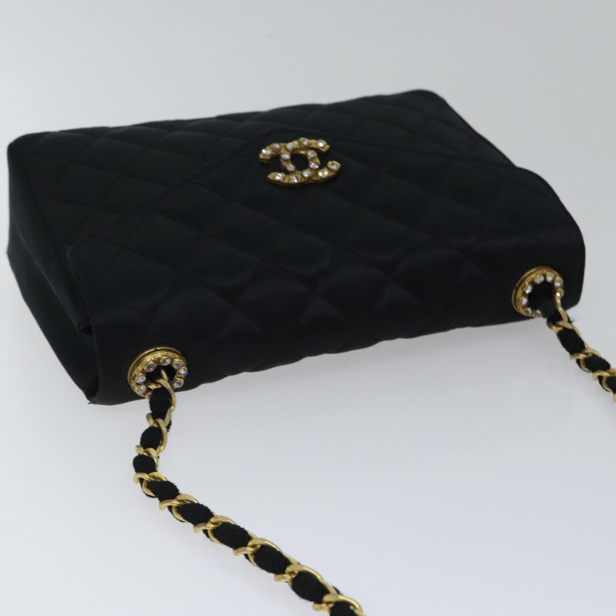 Top Quality Chanel Matelasse Stone Chain Shoulder Bag Satin Black CC Auth kk285A