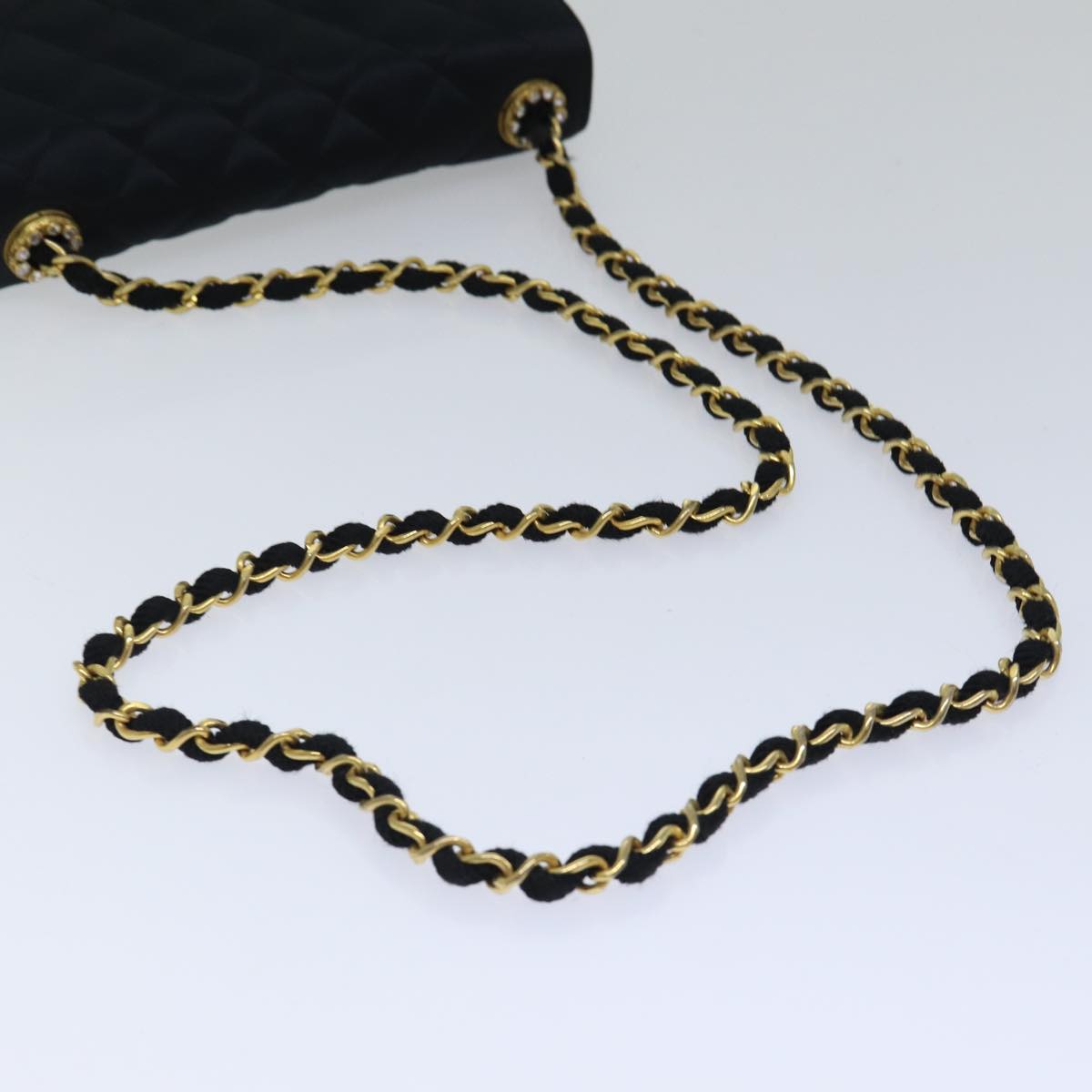 Top Quality Chanel Matelasse Stone Chain Shoulder Bag Satin Black CC Auth kk285A