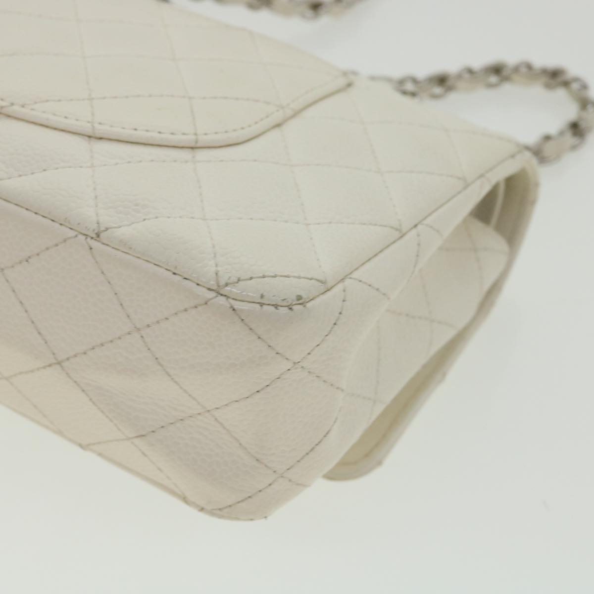 Top Quality Chanel Matelasse Double New Chain Shoulder Bag Caviar Skin White CC Auth knn085