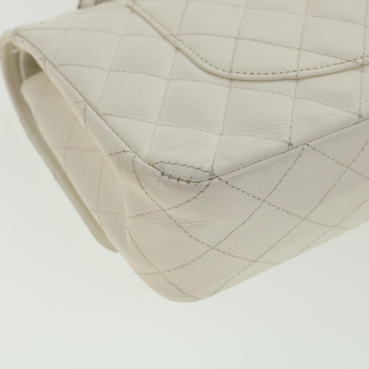 Top Quality Chanel Matelasse Double New Chain Shoulder Bag Caviar Skin White CC Auth knn085